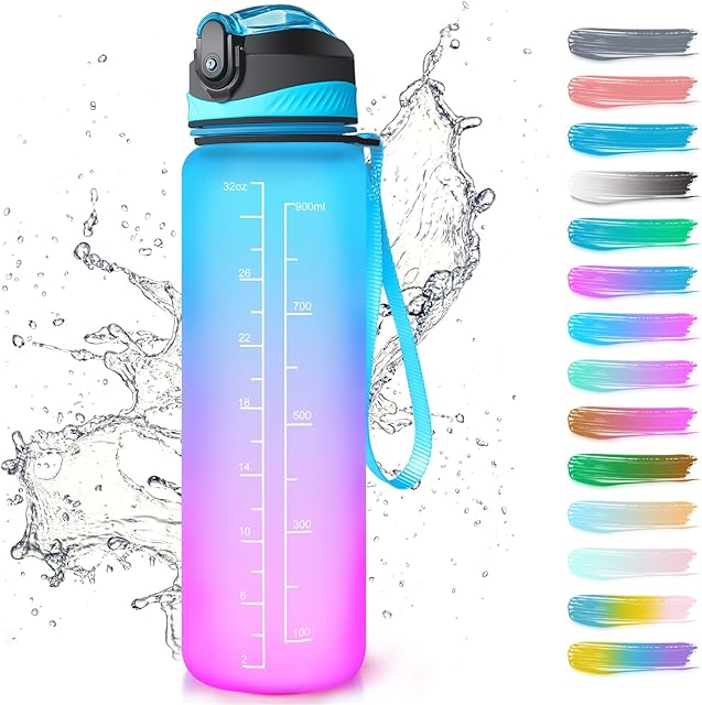 Sportowa butelka na wodę i napoje ze słomką, znaczniki czasu, tritan, na siłownię, motywacyjna, bez BPA, nadaje się do wędrówek, szkoły i fitnessu, na rower i na zewnątrz, 1 l (niebiesko-fioletowa)
