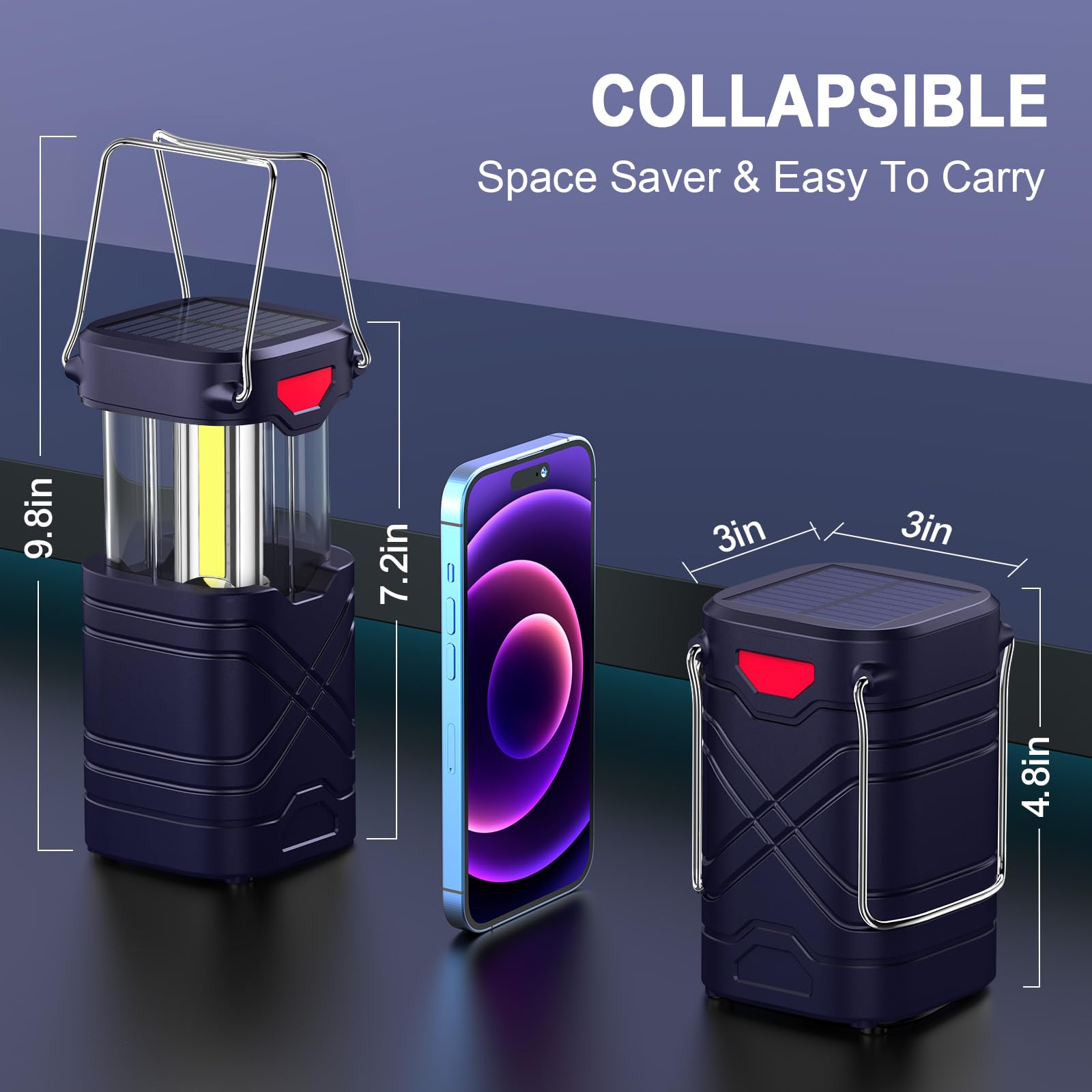 LETMY Confezione da 4 lanterne da campeggio, ricaricabili a LED, lanterne solari alimentate a batteria, con 3 vie alimentate e cavo USB per emergenze, interruzioni di corrente, blu navy