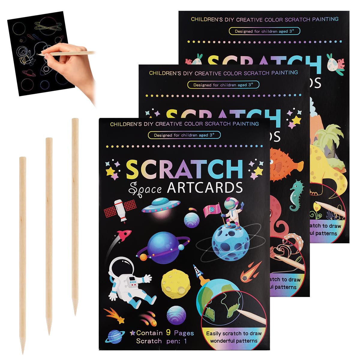 Scratch Art Kit Lot de 3 Carte a Gratter avec Stylets en Bois pour Enfants Adulte 18.5x13.5cm