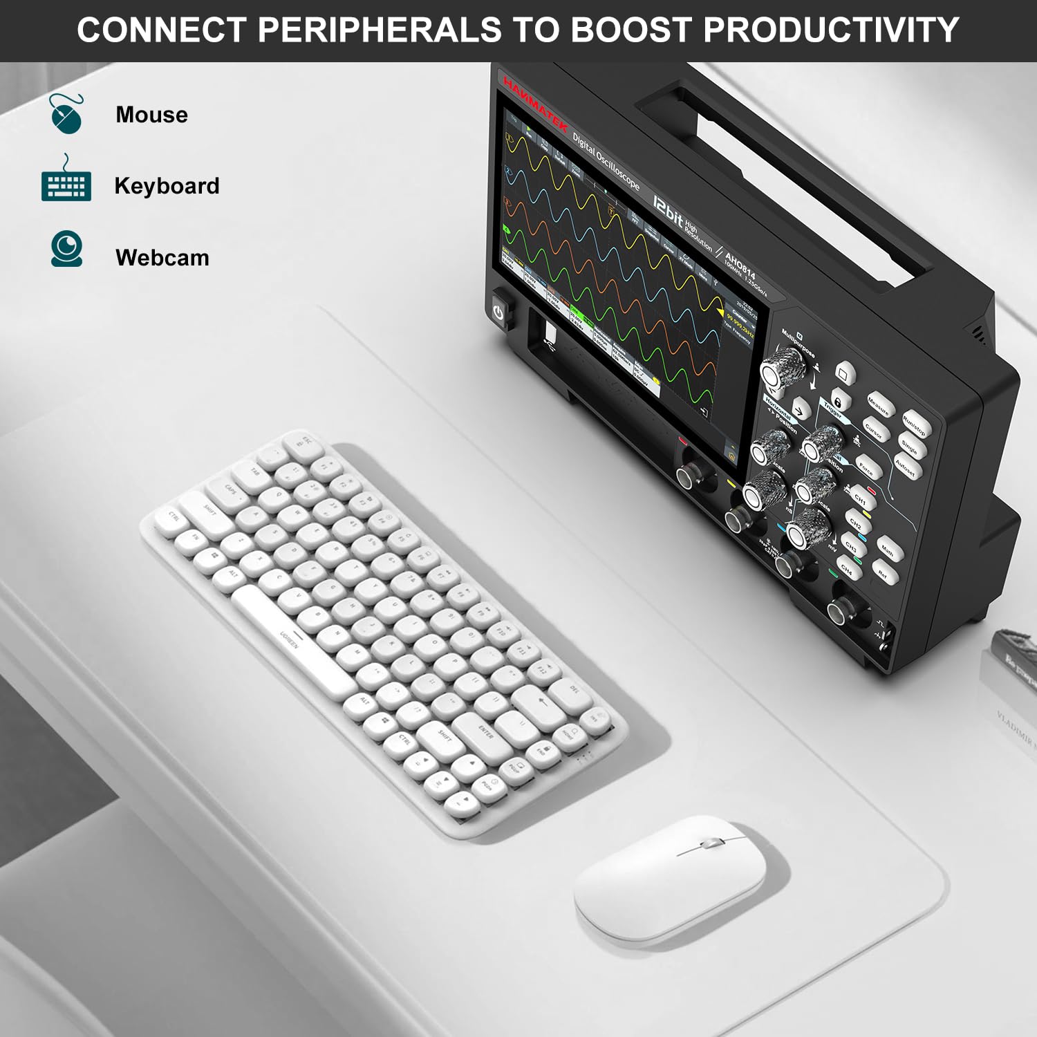 HANMATEK AHO814 Oscilloscope connected to a mouse and keyboard for enhanced control.