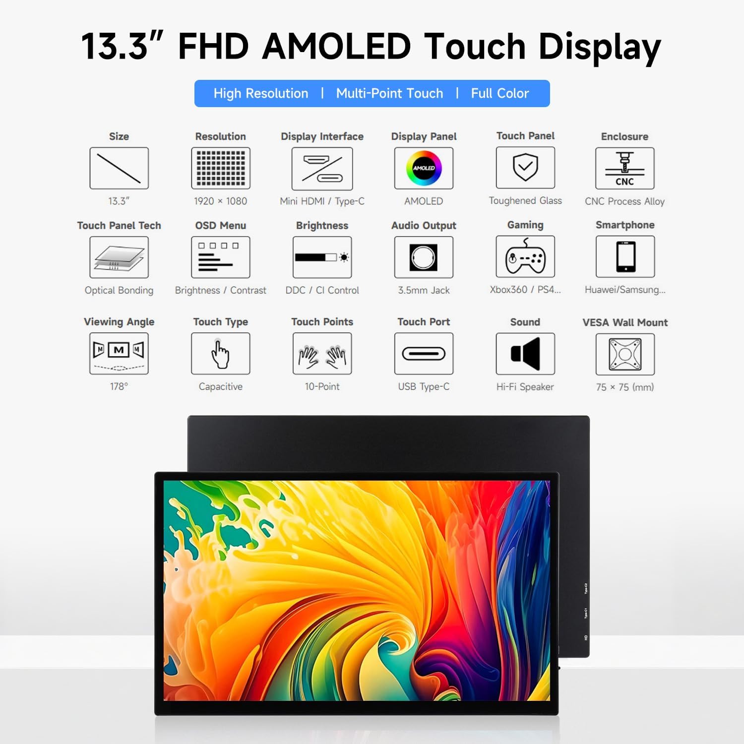 KLAYERS 13.3-inch FHD AMOLED Touch Display, Compatible with RPi/Jetson Series/Windows 11, 100% sRGB & DCI-P3, Optical Bonding Technology