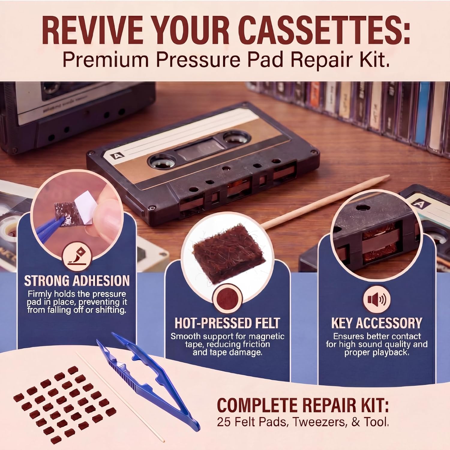 Flutesan Cassette Tape Repair, 25 Pcs Felt Pressure Pads with Tweezers
