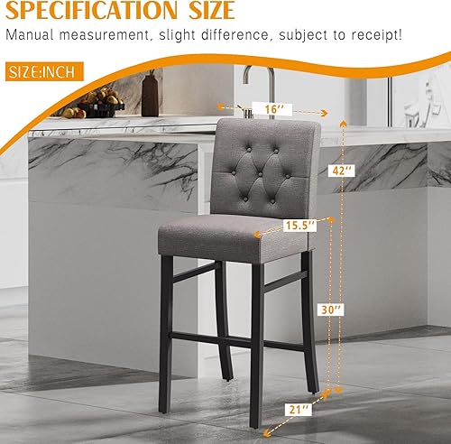 Miniatura 3 de 30" Counter Height Bar Stools set of 4 with Back Fabric Modern Bar Chairs Barstools with Seat Height Upholstered Button Tufted Wooden Island Stools