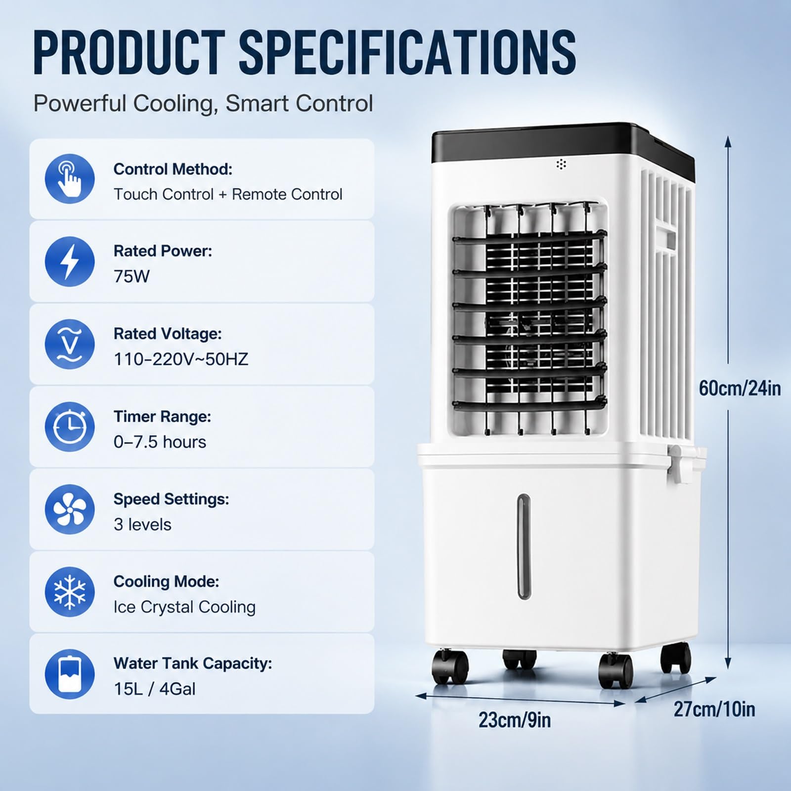 Enfriador de Aire Portatil de 75 W con Control Remoto y 4 Cristales de Hielo, Depósito de 15 L, 3 Velocidades, Temporizador de 7,5 Horas, para el Hogar, Dormitorio y Oficina, 60x27x23cm