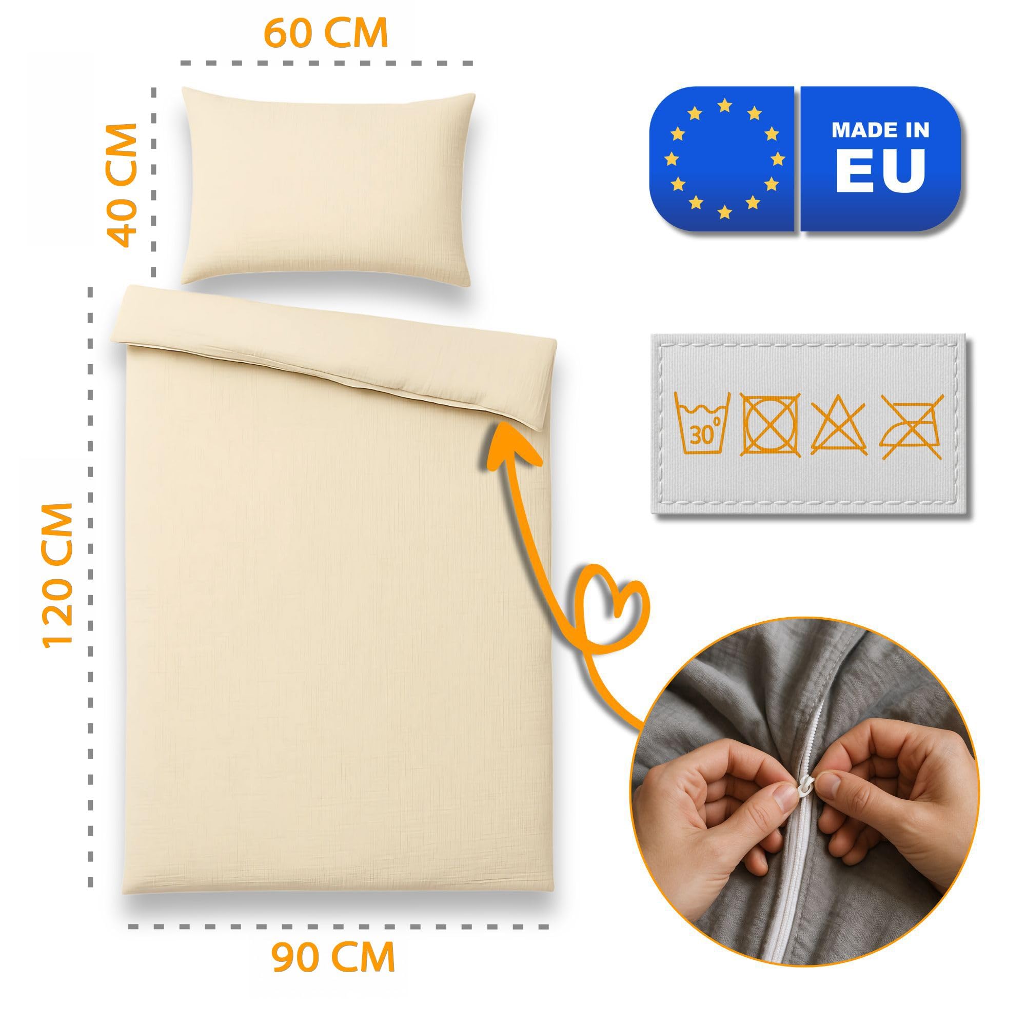 Totsy Baby mussola Copripiumino lettino neonato 100x135cm - Cotone parure di copripiumini per culla Set lenzuolo per piumino Beige chiaro con federe 60 x 40 cm certificazione Oeko-Tex