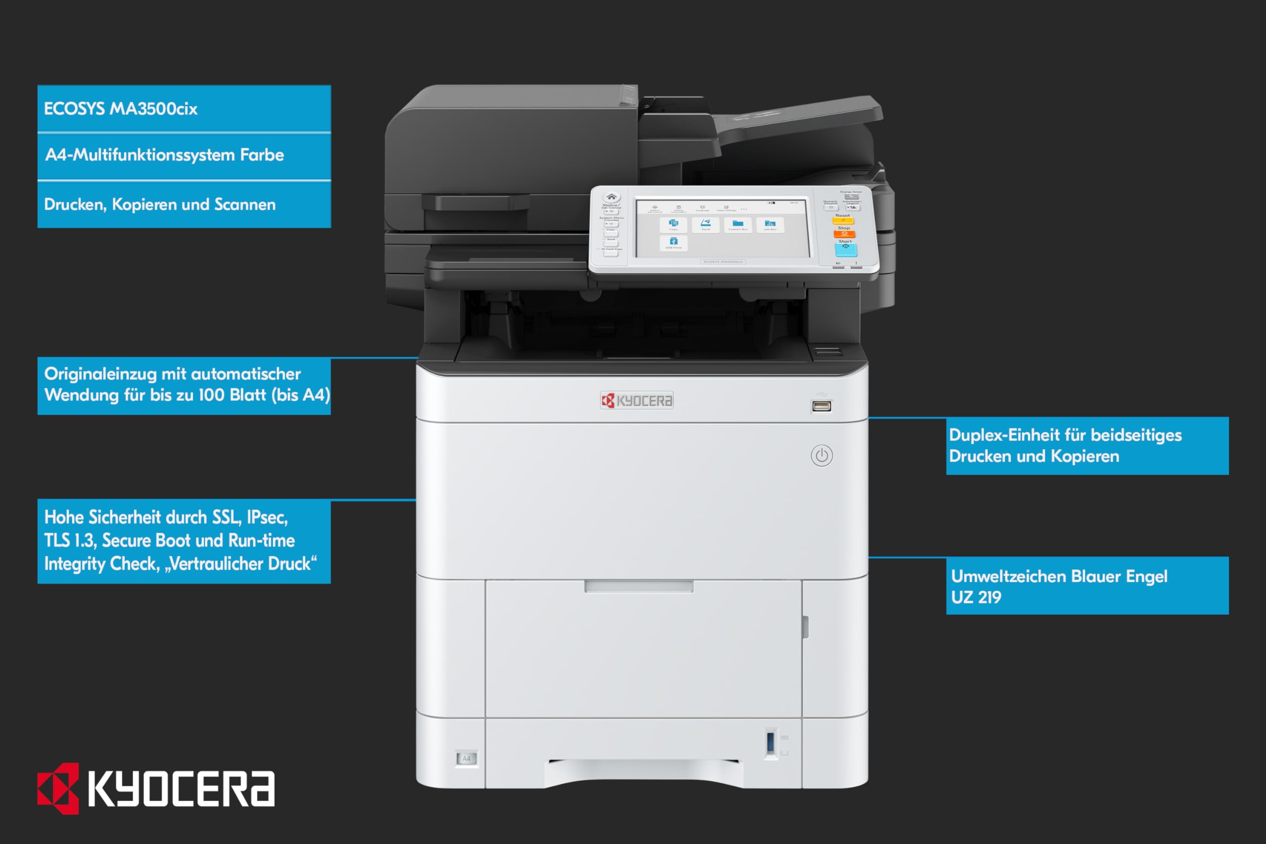 Kyocera Ecosys MA3500cix Imprimante Laser Couleur Multifonction Recto-Verso 35 ppm Imprimante Scanner photocopieur, imprimante Multifonction avec Panneau Tactile, Gigabit LAN, Impression Mobile