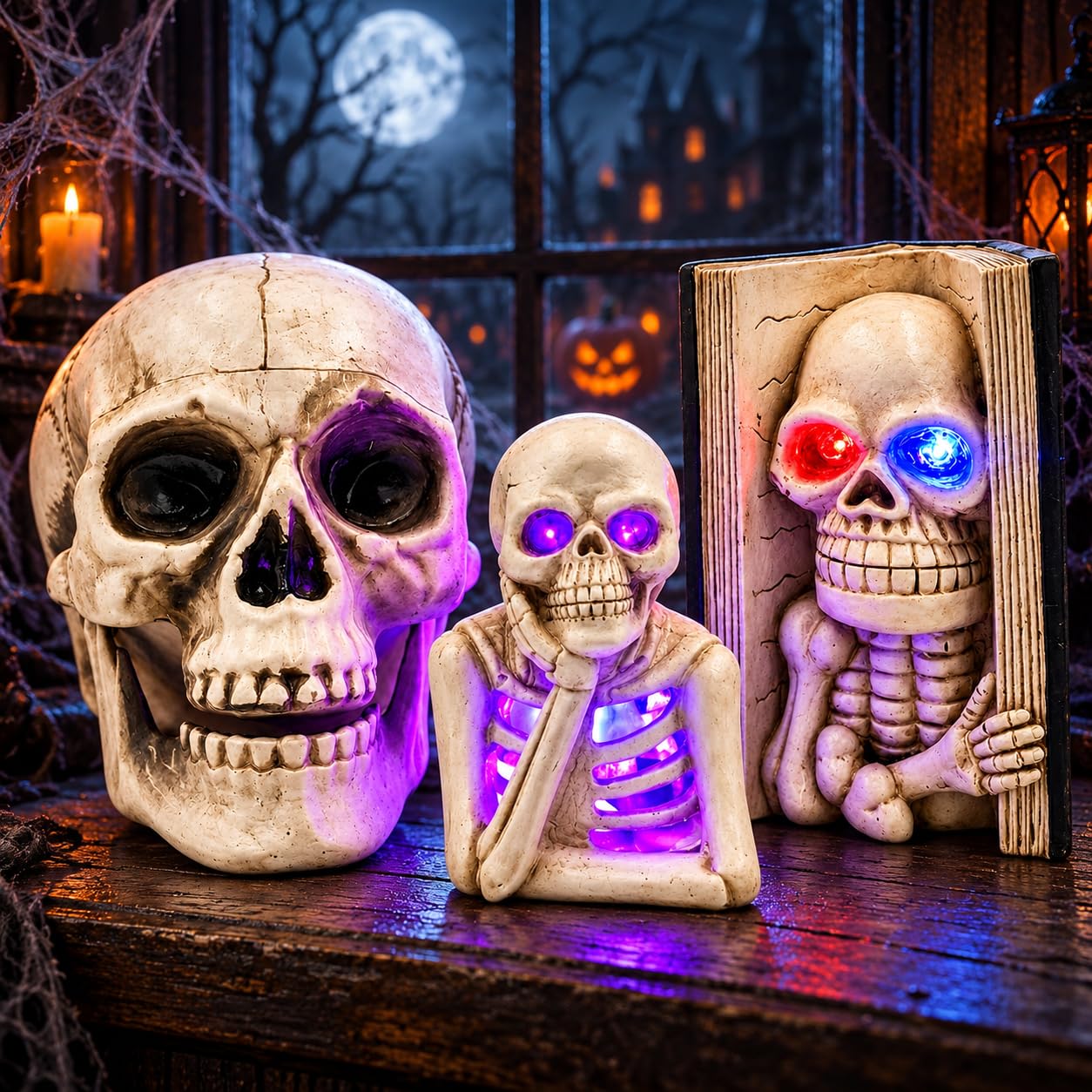 Skull Halloween Decorations Set – 3-Piece Skeleton Halloween Ornaments Collection - Large Skull, Thinking Skeleton & Skeleton Bookend for Halloween Table Decorations, Shelf, Desk & Displays