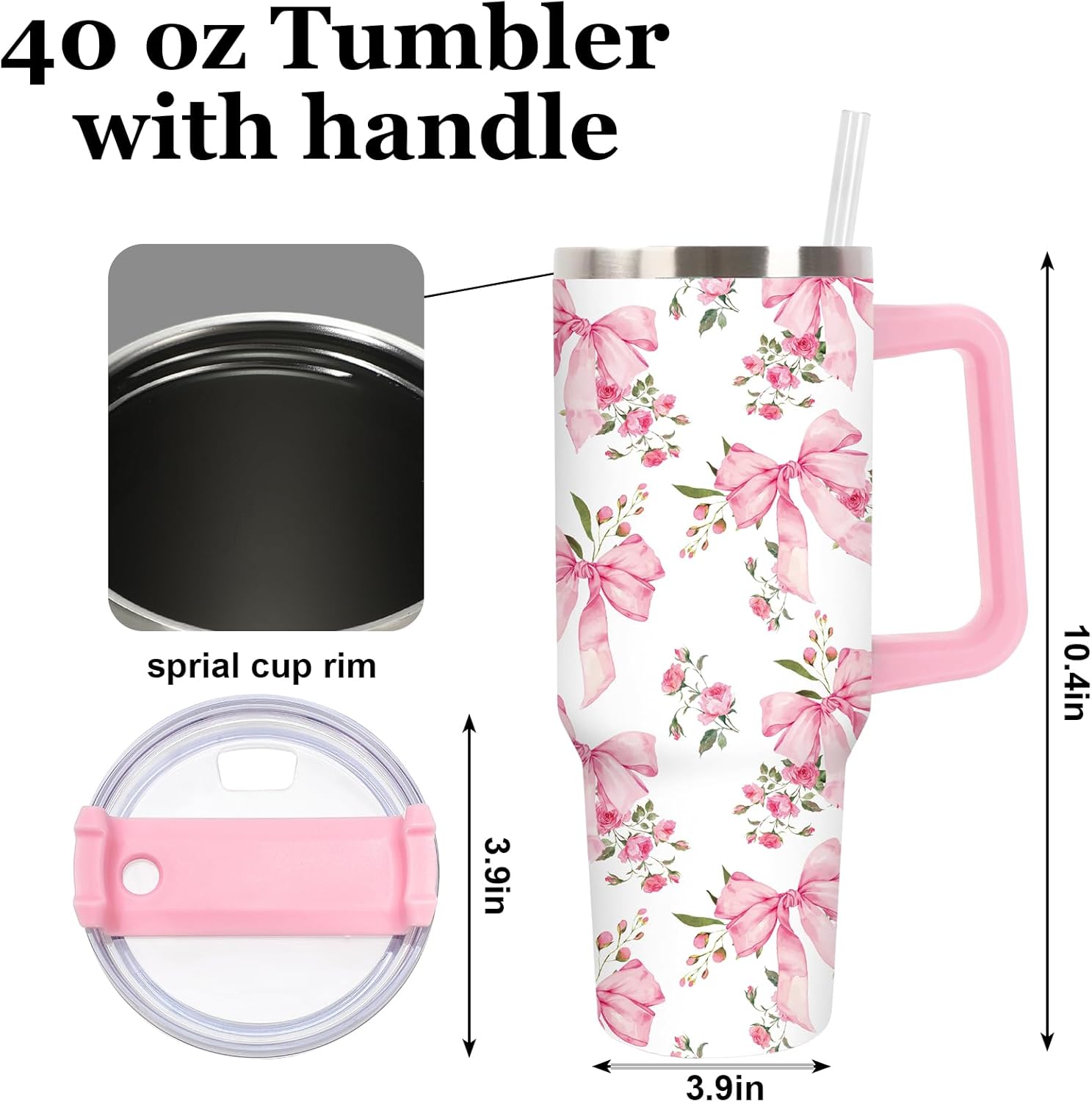 JarThenaAMCS 40oz Valentine Coquette Pink Bow Tumbler with Handle Lid and Straw Watercolor Floral Bowknot Tumbler Pink White Flower Stainless Steel Cup for Women Friend Holiday Birthday Travel - Image 2