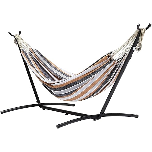 Amazon Basics Double Hammock with 9-Foot Space Saving Steel Stand and Carrying Case, 400 lb Capacity, 46.01 x 118 x 39.37 in, Multi Color, 50.39"L x 9.64"W