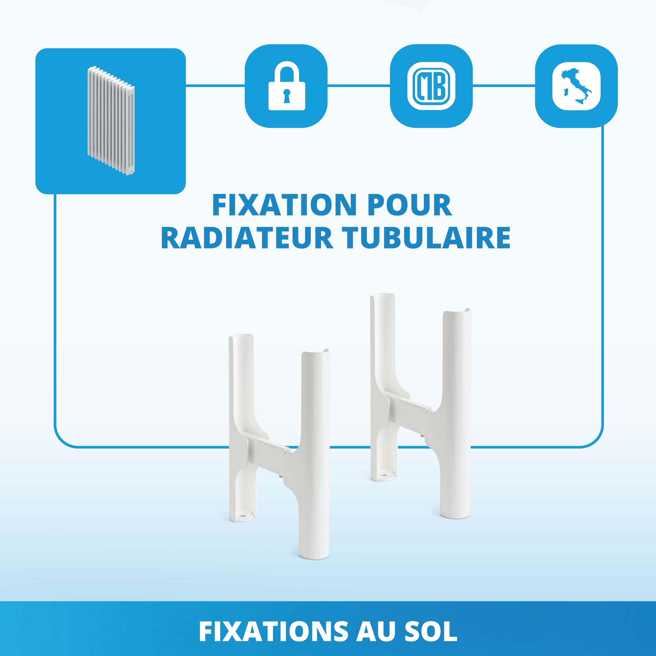 Fixation au sol universelle pour radiateurs tubulaires de 3 à 4 colonnes, pouvant supporter jusqu'à 200 kg. Elle s'adapte à tous les types de sols. Montage simple et rapide.