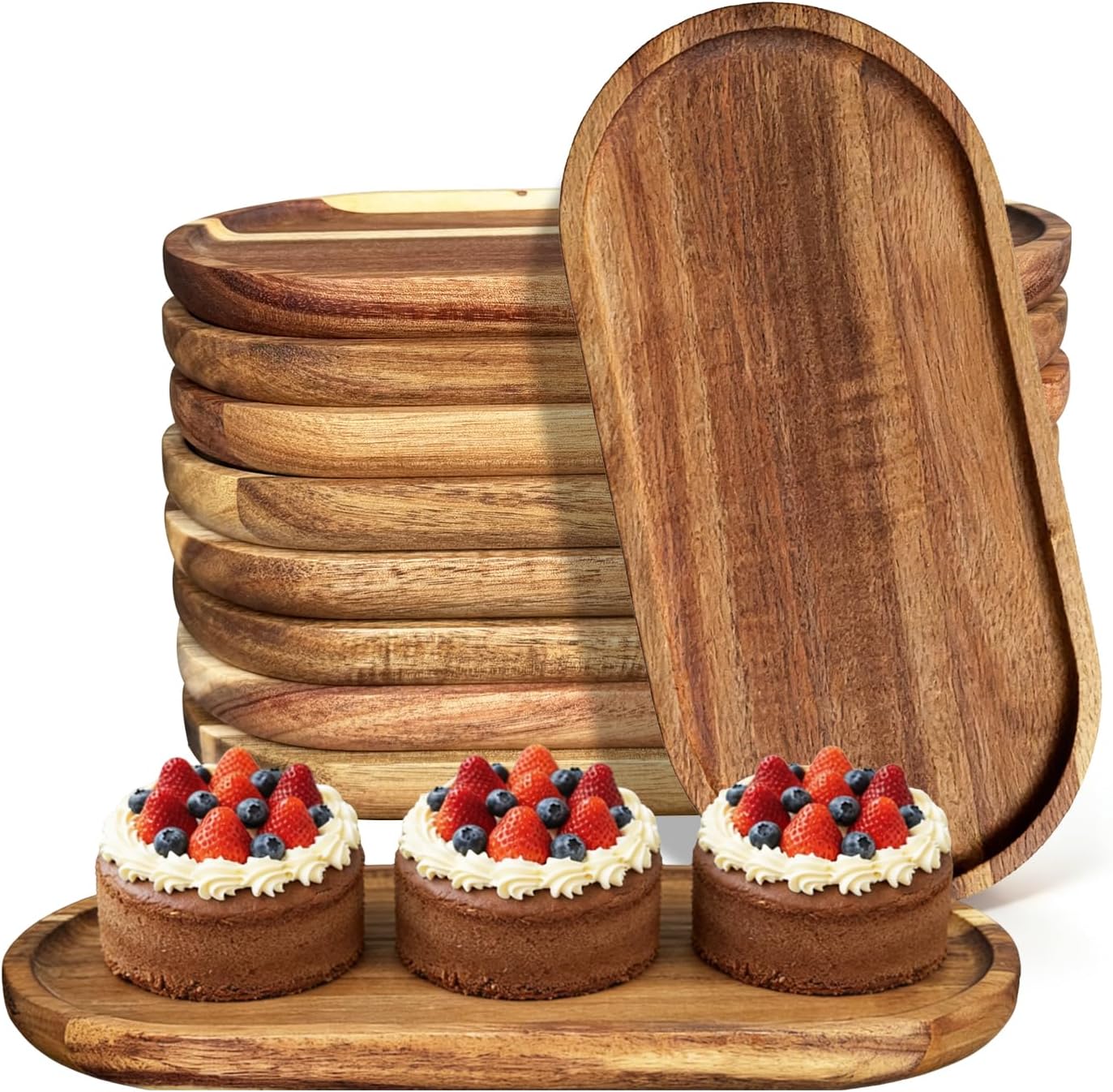 10 Pcs Acacia Wood Serving Trays, 10 Inch Oval Wooden Tray Bulk, Wooden Charcuterie Boards for Kitchen Food, Appetizers, Desserts, or Used as Storage Tray, Displaying Plate(Natural Wood Patterns)