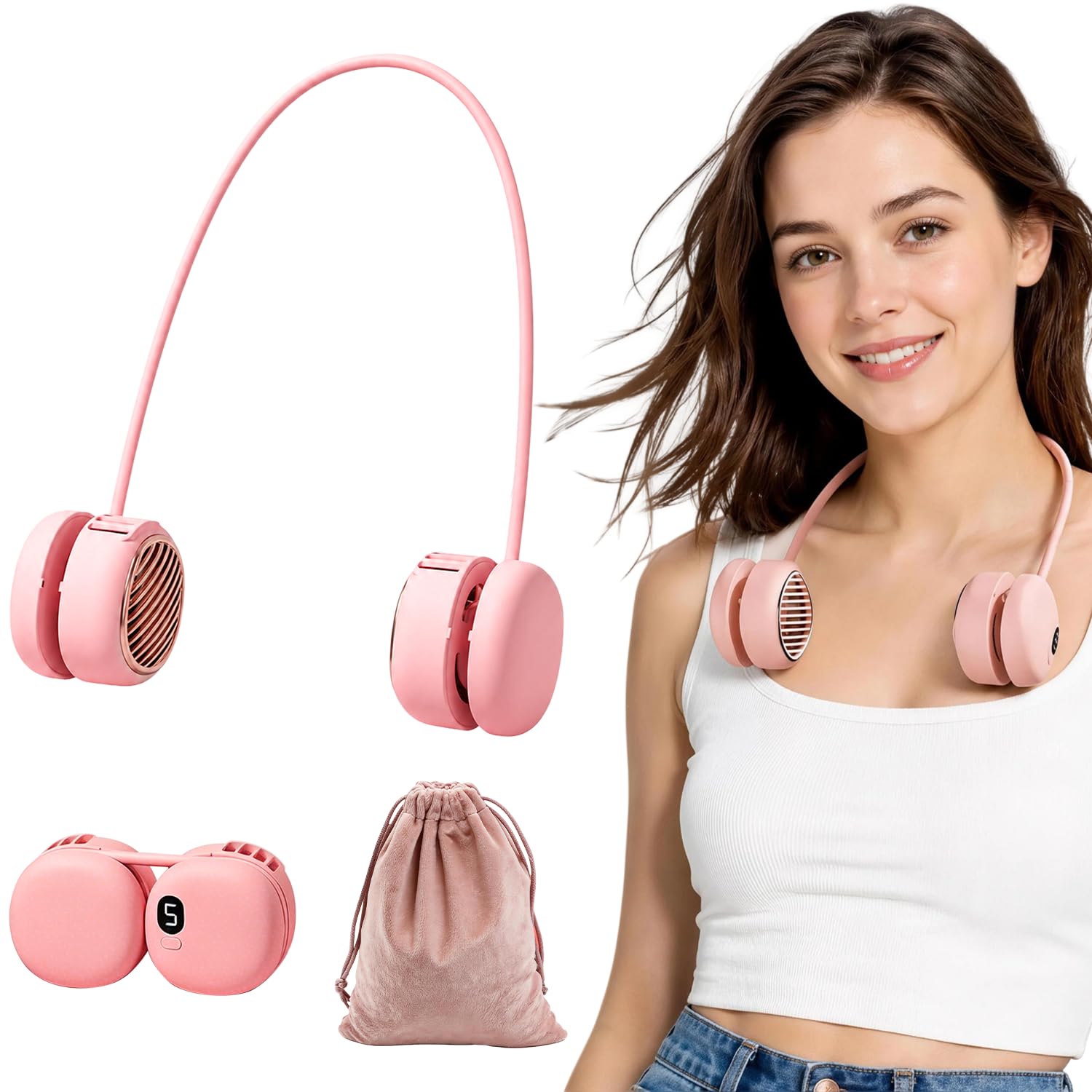 Portable Neck Fan Rechargeable, Hands Free Bladeless with Adjustable 360° Flexible Silicone | 5 Speeds, Ultra-Quiet 40db Lightweight Foldable Wearable Cooling Fan for Home Office Travel Gym (Pink)