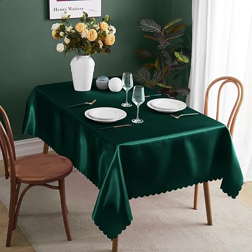 Miniatura 4 de KKJIAF 1 Paquete Mantel de Satén Verde Cazador 58" x 102" Rectangular Brillante Sedoso Suave Cubierta de Mesa de Satén para Decoración de Banquete