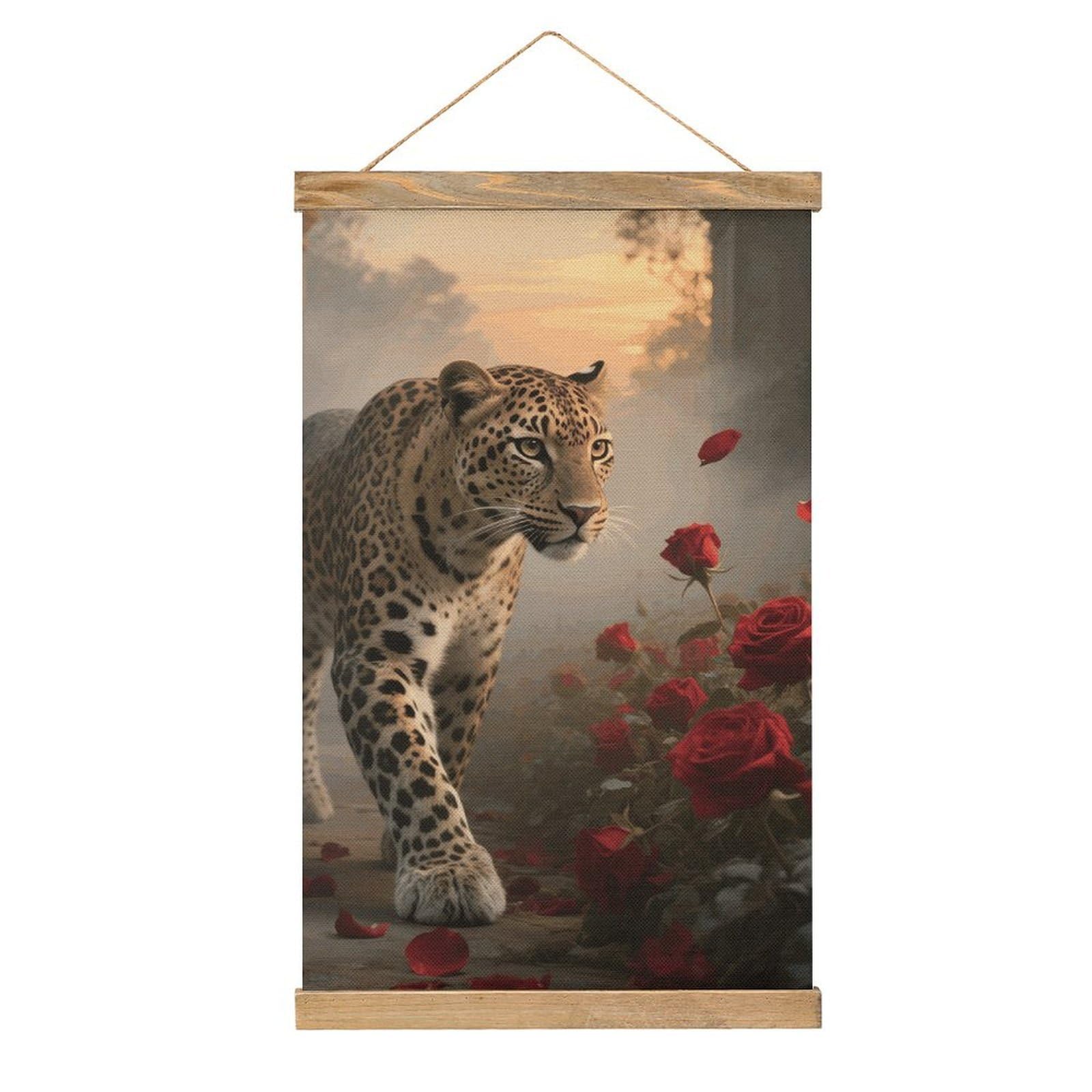 Fodpand Style Red Rose Flower And Cheetah Wall Art 20.4"X13.1" - Linen Canvas Hanging Banner Poster With Wooden Frame, Pictures Artwork Wall Art Decor For Living Room Bedroom Office, Ready To Hang