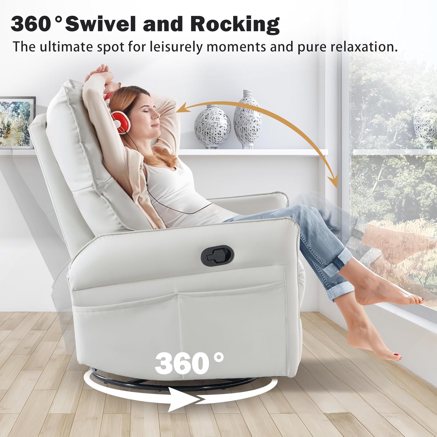 cinehome Swivel Rocker Recliner, Small Rocker Recliner Chairs for Adults, Overstuffed Faux Leather Manual Recliner, Glider Recliner, 360 Swivel Recliner Chair for Living Room