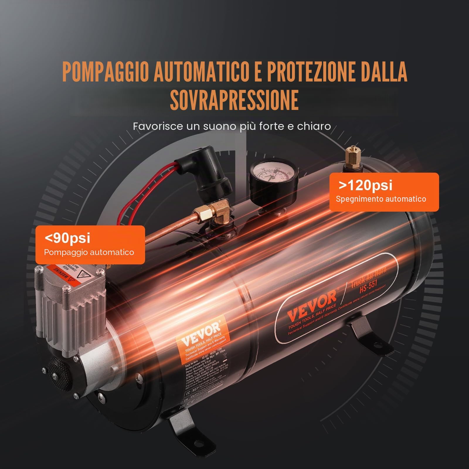 VEVOR Kit Compressore d'Aria 12V Serbatoio da 3 Litri, Kit Compressore d'Aria per Clacson Tromba, Pressione di Esercizio 90-120 PSI, Sistema di Compressore d'Aria Integrato per Clacson Tromba Camion