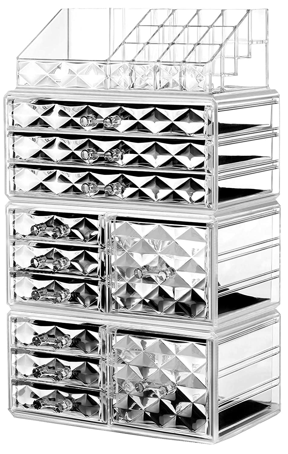 HBlife Makeup Organizer Acrylic Cosmetic Storage Drawers and Jewelry Display Box with 11 Drawers，9.5" x 5.4" x 15.8", 4 Piece, Pink: Beauty