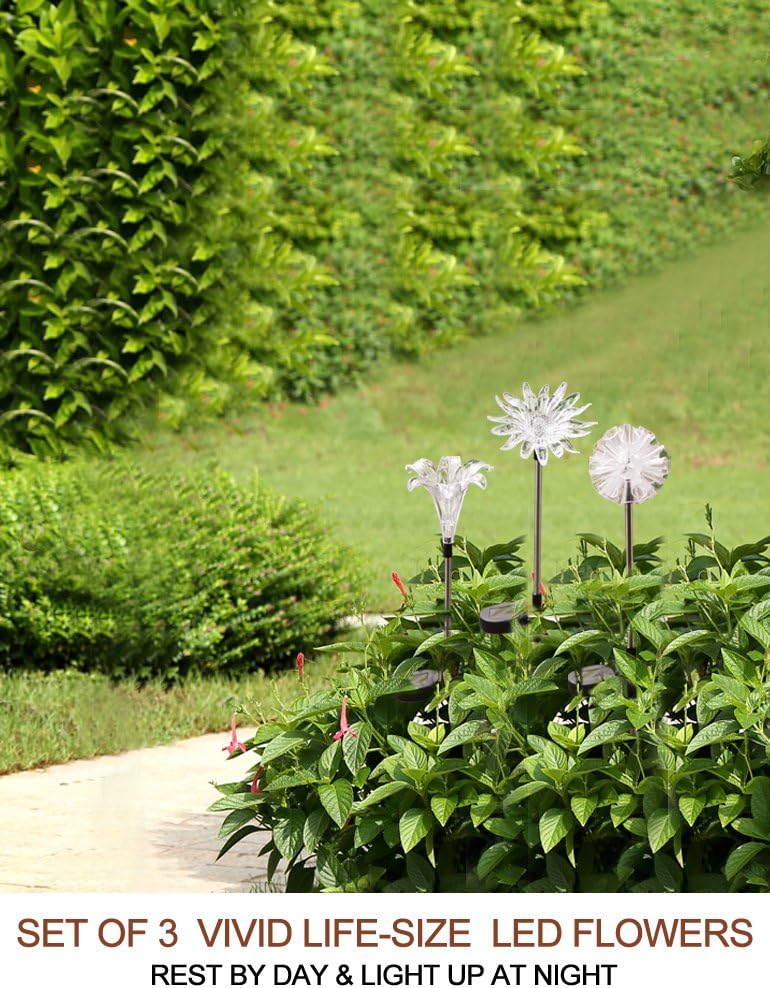 Bright Zeal Set of 3 LED Solar Stake Lights Color Changing - Outdoor Multi Color Solar Flowers Yard Lights Waterproof Garden Decor (Dandelion, Lily, Sunflower) - Solar Patio Lights Multicolor Changing - - 