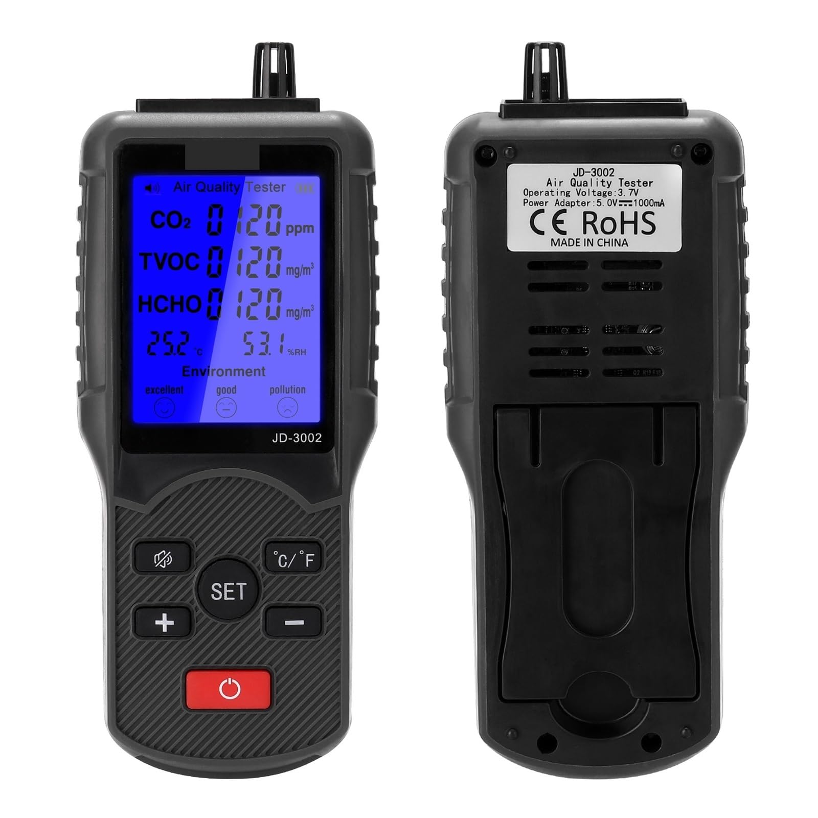 Misuratore Qualità dell'aria, 8in1 Tester di qualità 'aria Misuratore di CO2 Analizzatore di gas Sensore di CO2 Misuratore TVOC Sensore di anidride carbonica Dispositivo di misuraze 'umidità a tempera