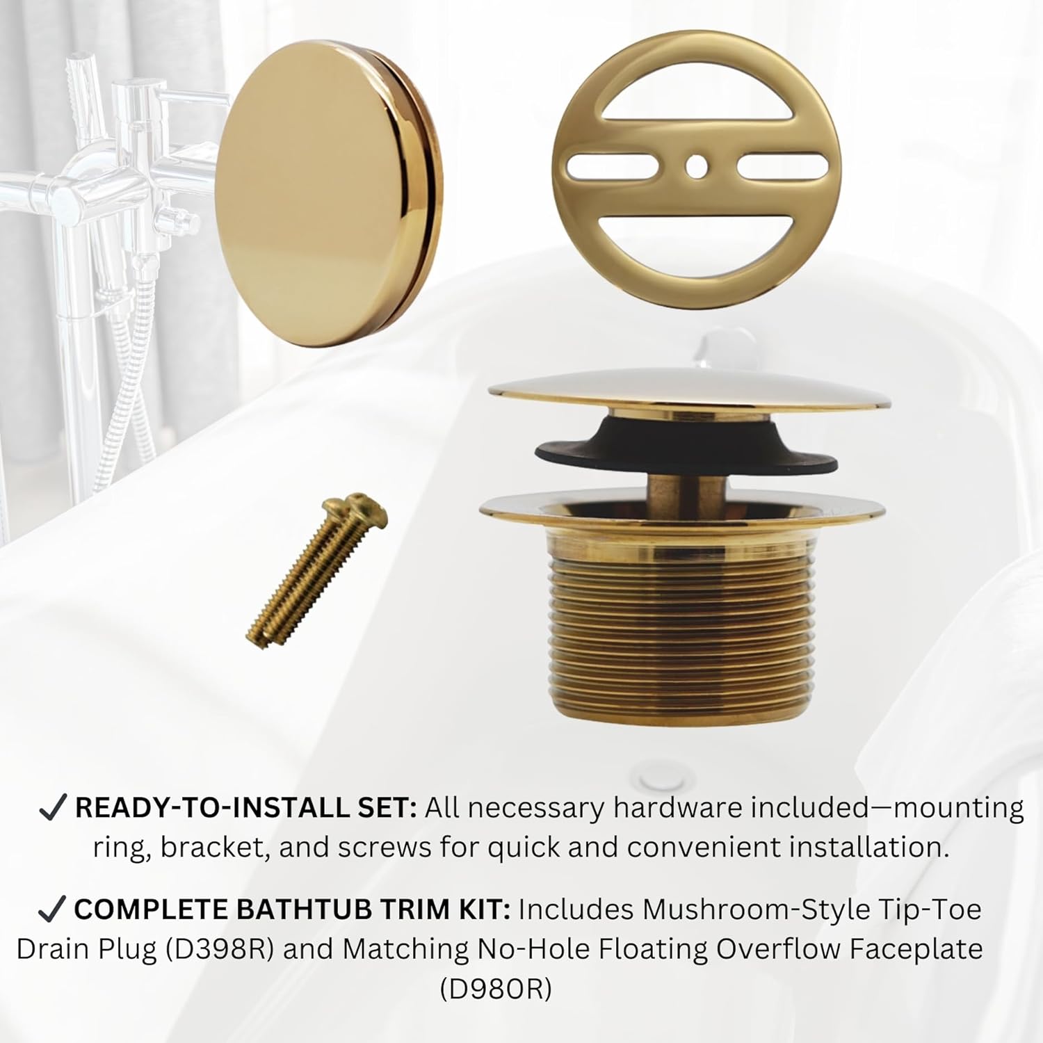 Westbrass Mushroom Tip-Toe Tub Trim Set with Floating Faceplate, Polished Brass, D398RK-01