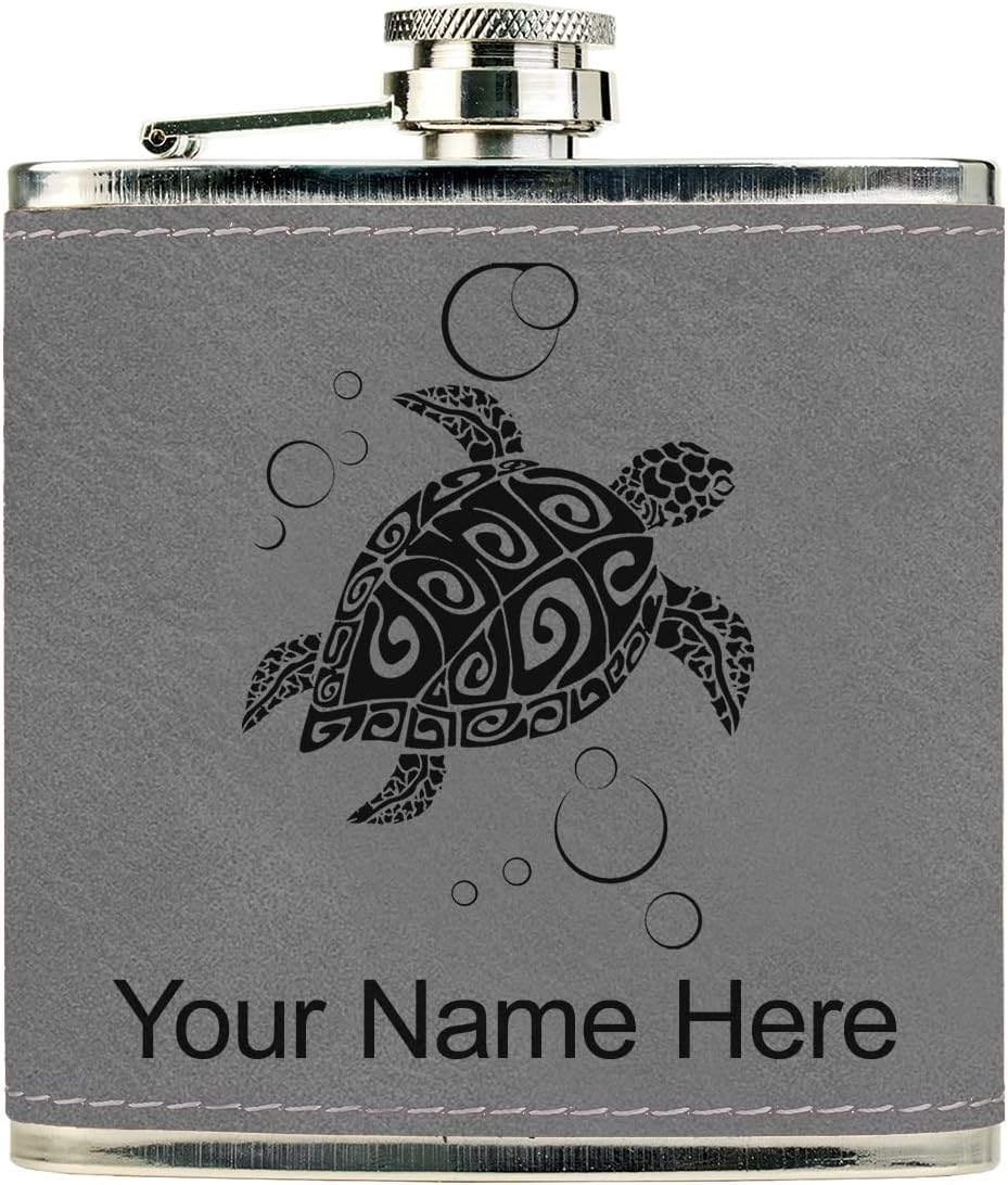 Faux Leather Flask, Hawaiian Sea Turtle, Personalized Engraving Included (Black With Silver)