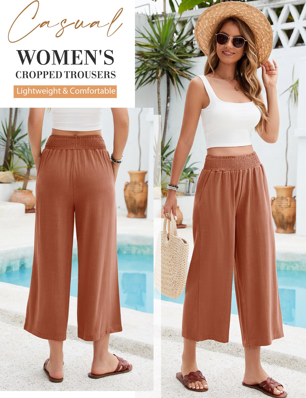 UMIPUBO Pantalon Lin Femme Été Coton Chanvre 3/4 Large Pantalons Fluide Elegant Chic Taille Haute Élastique Pantacourt Léger Respirant Jogging Pants de Plage avec Poches