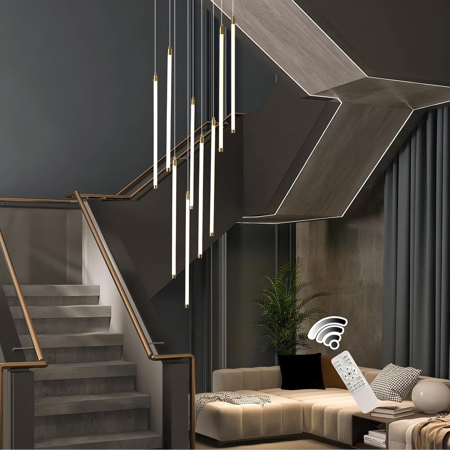 Siittoo Modern Led High Ceiling Chandelier with Remote Control,9 Lights Long Foyer Chandeliers for High Ceilings, Dimmable Pendant Light Fixture for Entryway Staircase Foyer Hallway Living Room