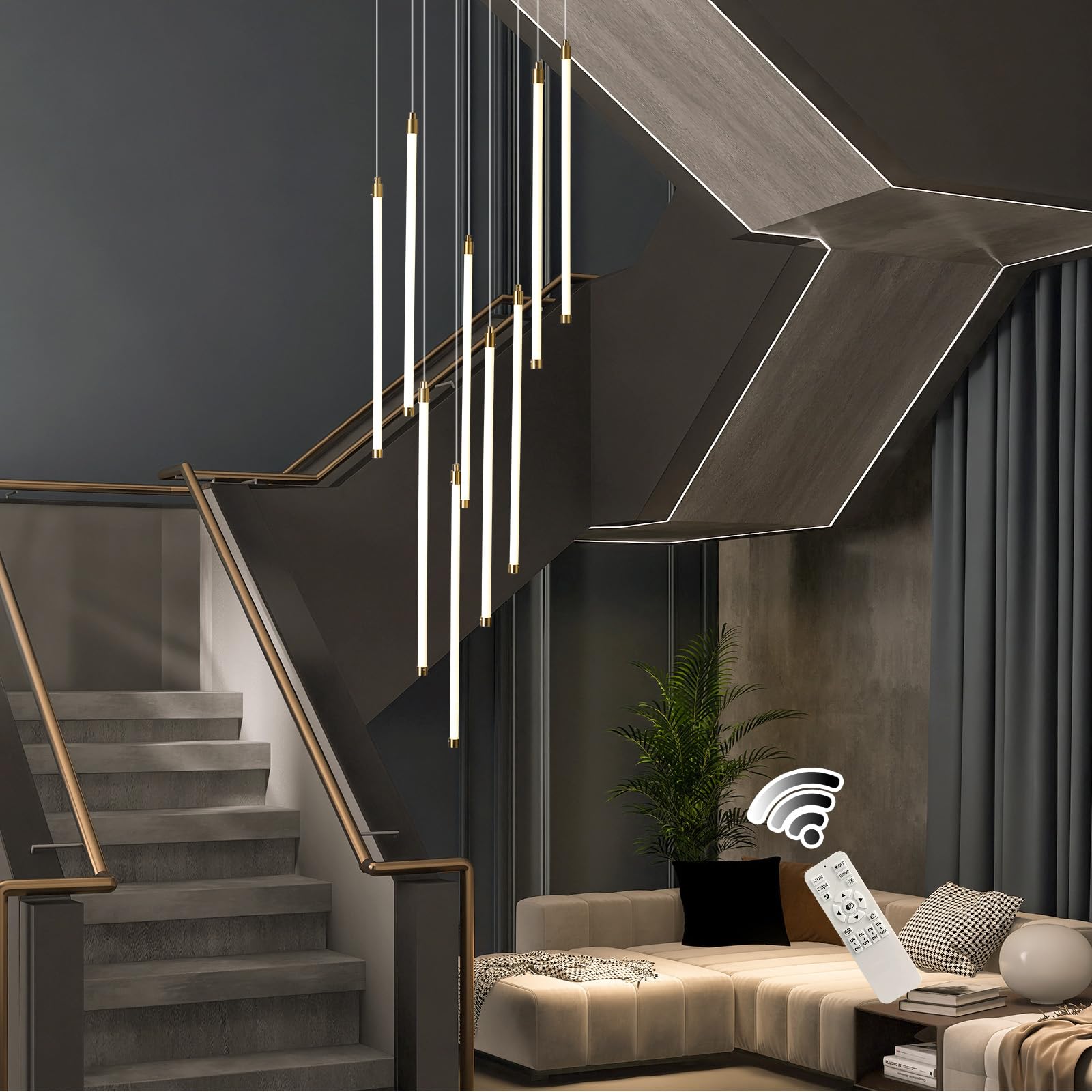 Siittoo Modern Led High Ceiling Chandelier with Remote Control,9 Lights Long Foyer Chandeliers for High Ceilings, Dimmable Pendant Light Fixture for