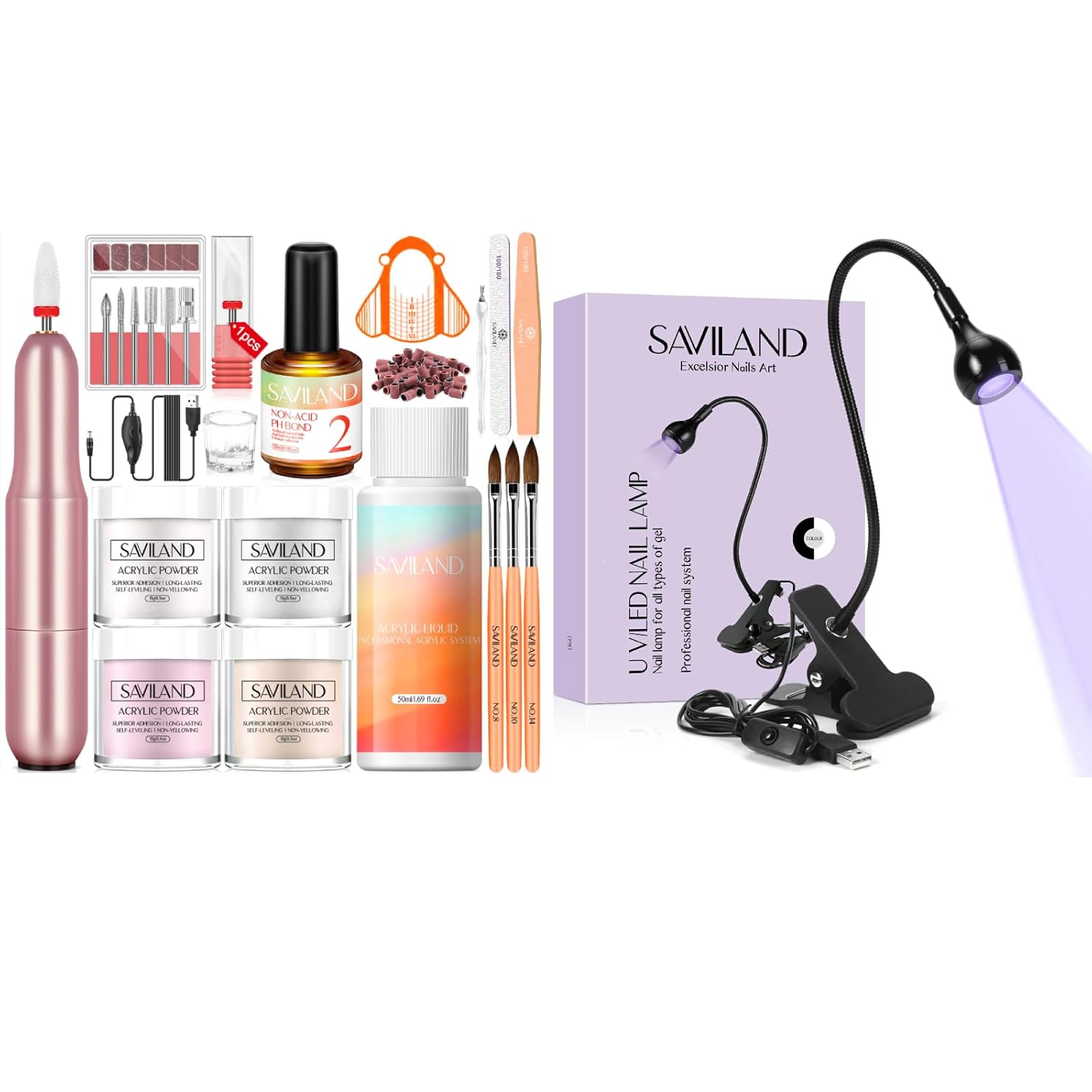 Saviland Acrylic Nail Kit with U V LED Nail Lamp