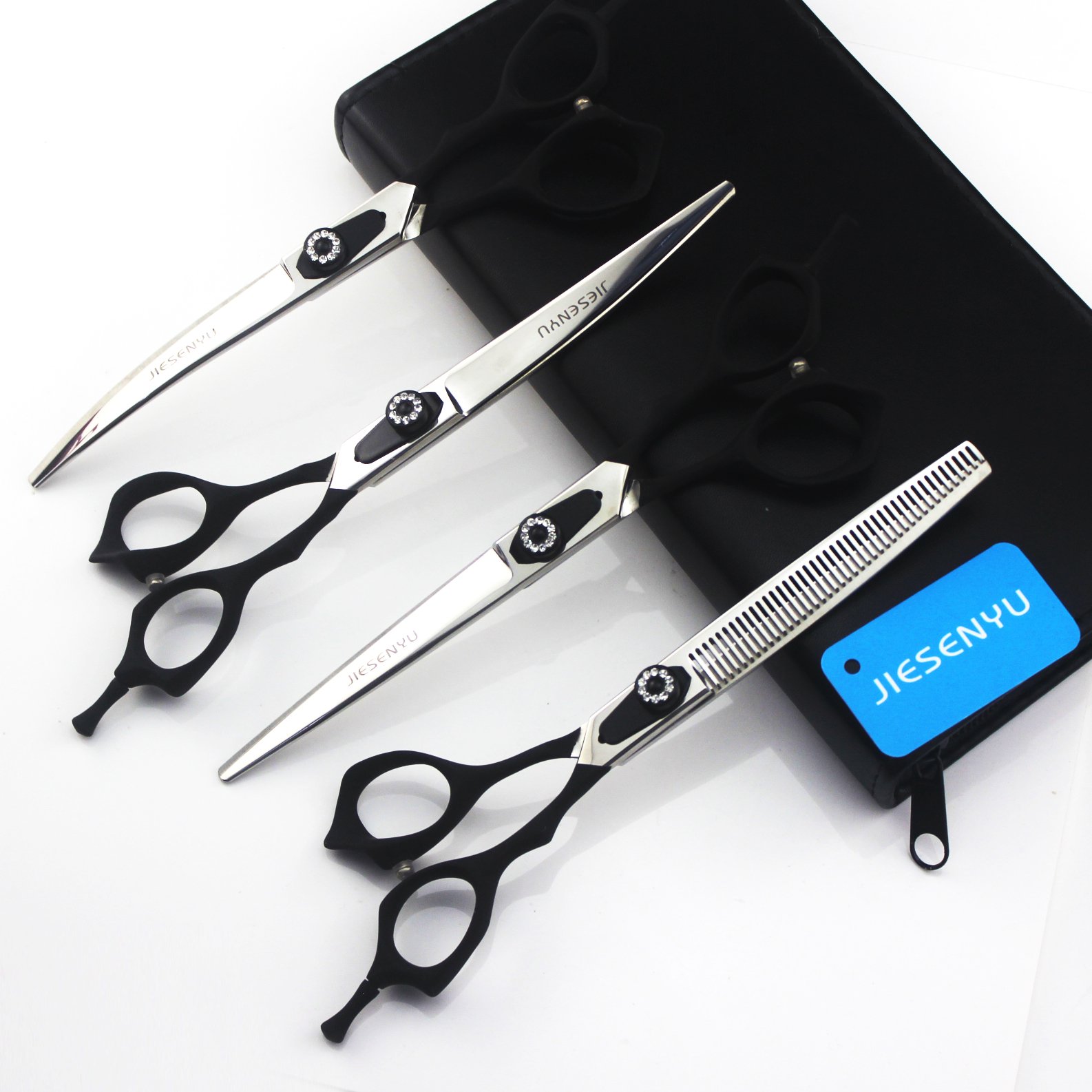 JIESENYU 7.0 in. Pro Pet Grooming Scissors Sharp Edges Cutting +2Curved + Thinning Scissors 4 PCS Set (Black)
