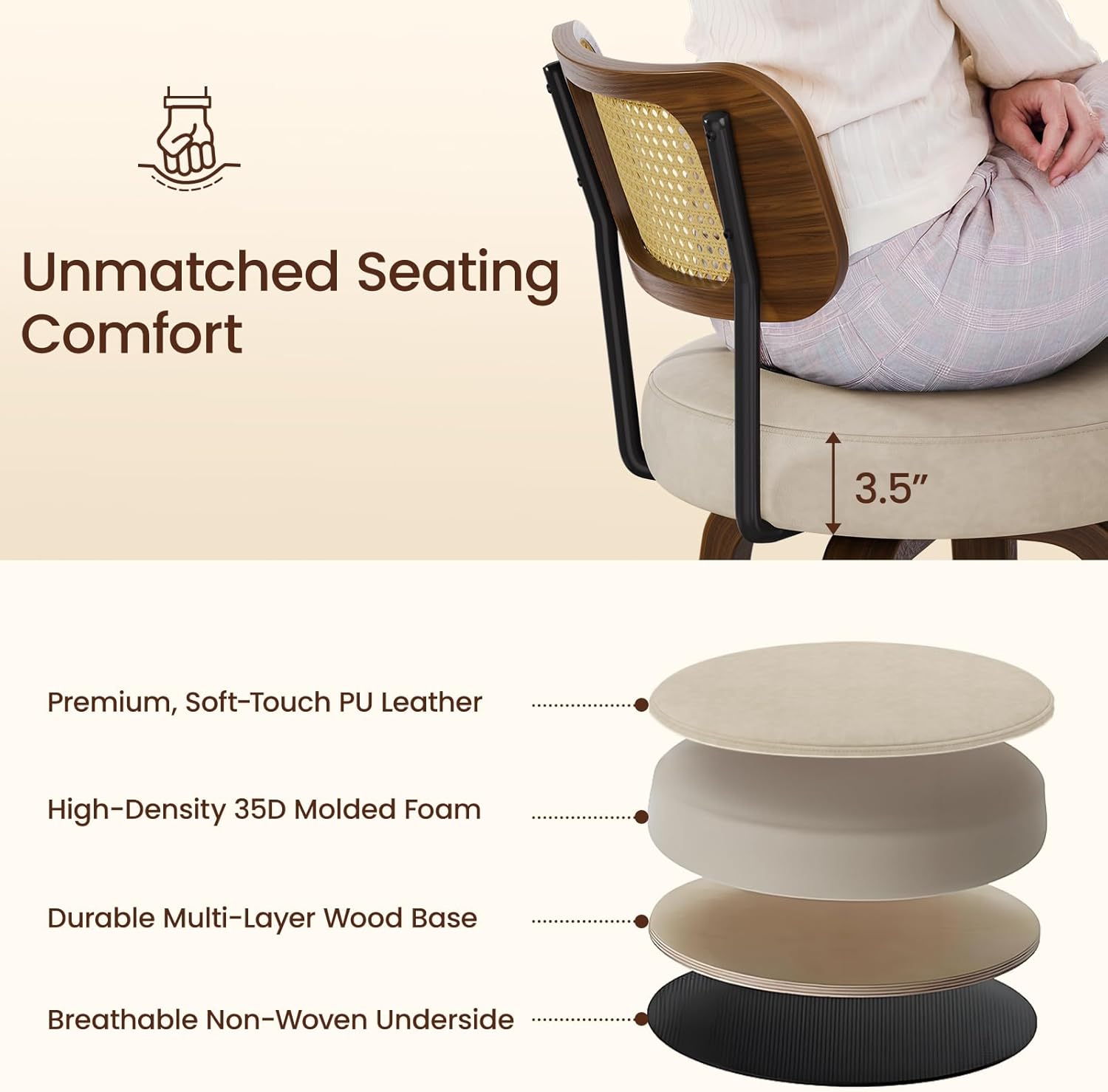 REONEY Swivel Bar Stools Set 4, 26” Counter Height Stools, 360° Smooth Swivel PU Leather Seats with Rattan Back & Walnut Bentwood Legs, Mid-Century Modern Chairs for Kitchen Island, Beige