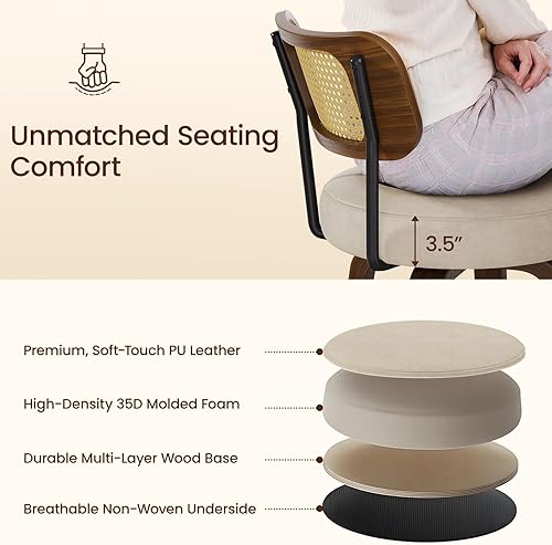 Miniatura 7 de Juego de 2 taburetes de bar giratorios de piel sintética de 26 pulgadas de altura de mostrador con respaldo de ratán y patas de madera curvada de