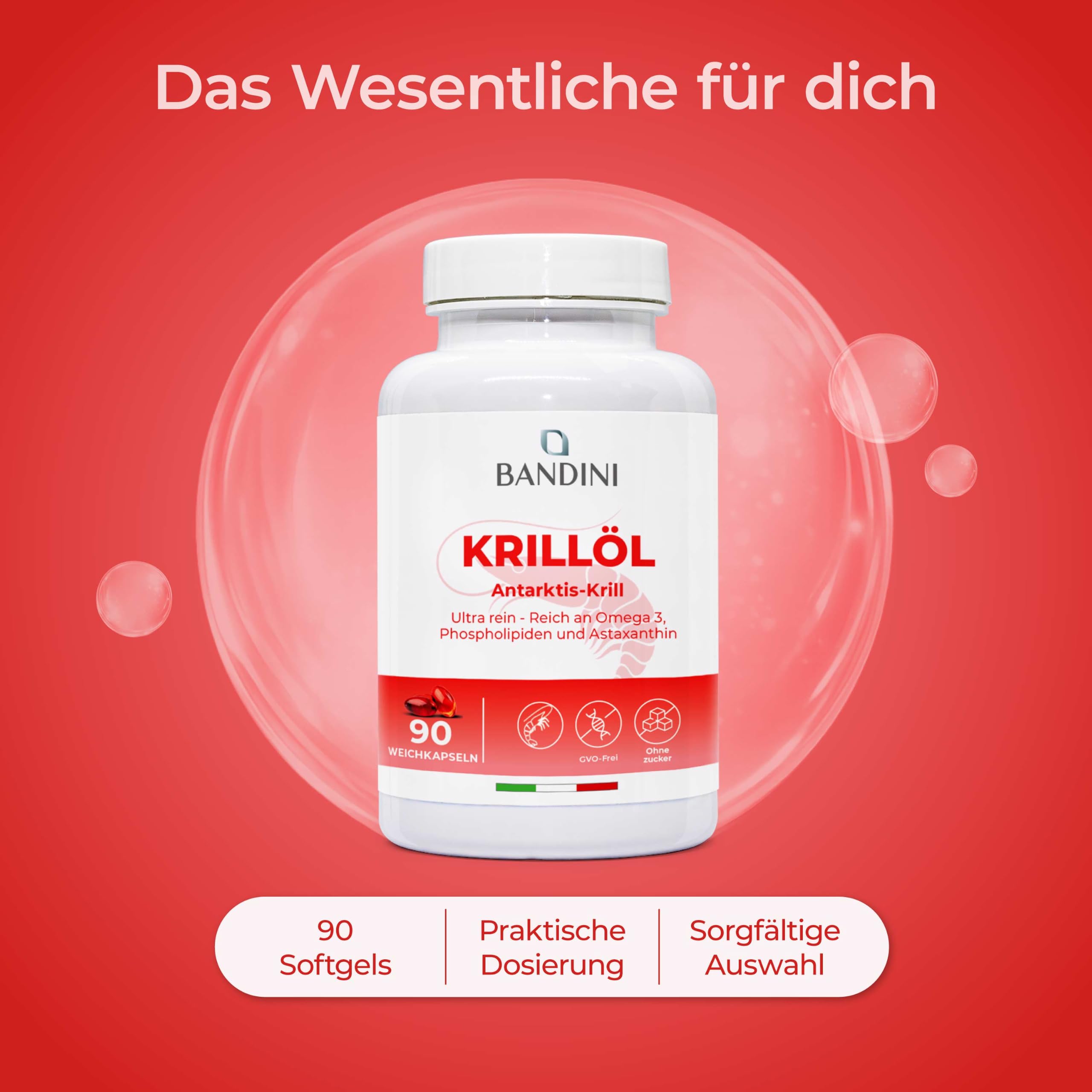Bandini® Krillöl 3000 mg, reine Antarktis, 465 mg EPA und DHA, 1200 mg marine Phospholipide, Quelle von Astaxanthin und Omega 3 | Krillöl 100% natürlich, kein Nachgeschmack | 90 Weichkapseln