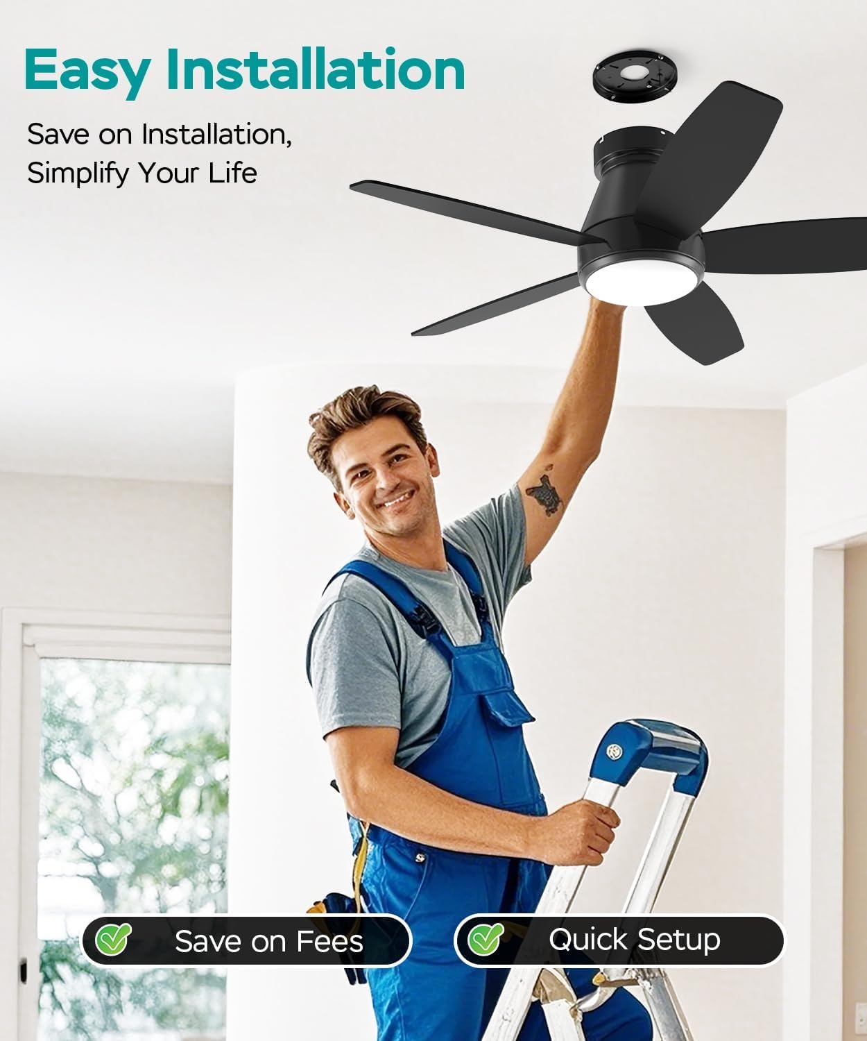 106CM 5 umkehrbare schwarze Flügel Deckenventilator mit Beleuchtung und fernbedienung&APP Dimmbares LED-Beleuchtung,Leiser DC-Motor,1/4/8H-Timer outdoor ventilator deckenlampe (Schwarz)
