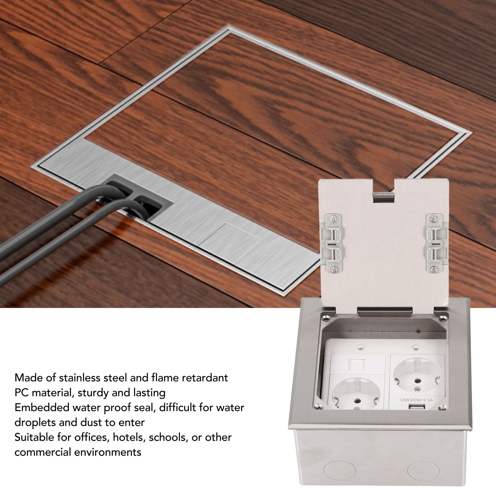 Bewinner Scatola di Derivazione da Incasso A Pavimento, 2500 W 16 A 2 Prese 1 Porta USB 1 Computer, Presa di Corrente Impermeabile Incorporata per Ufficio, Hotel, Scuola