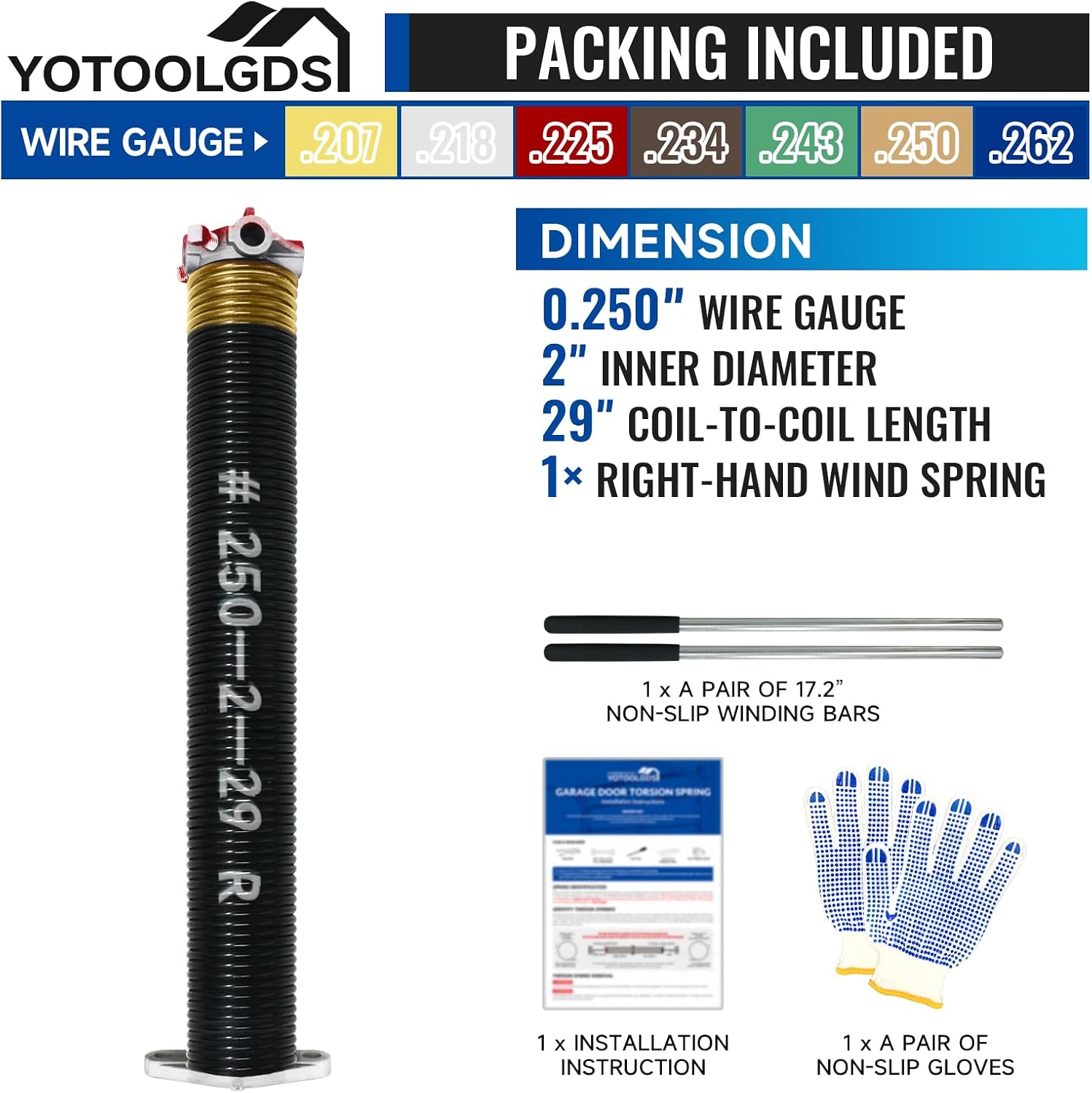 Right Hand Wind（Red Cone）2" Garage Door Torsion Spring with Non-Slip Winding Bars & Gloves, High Precision Electrophoresis Black Coated, for Replacement, MIN 16,000 Cycles (0.250x2''x29'')