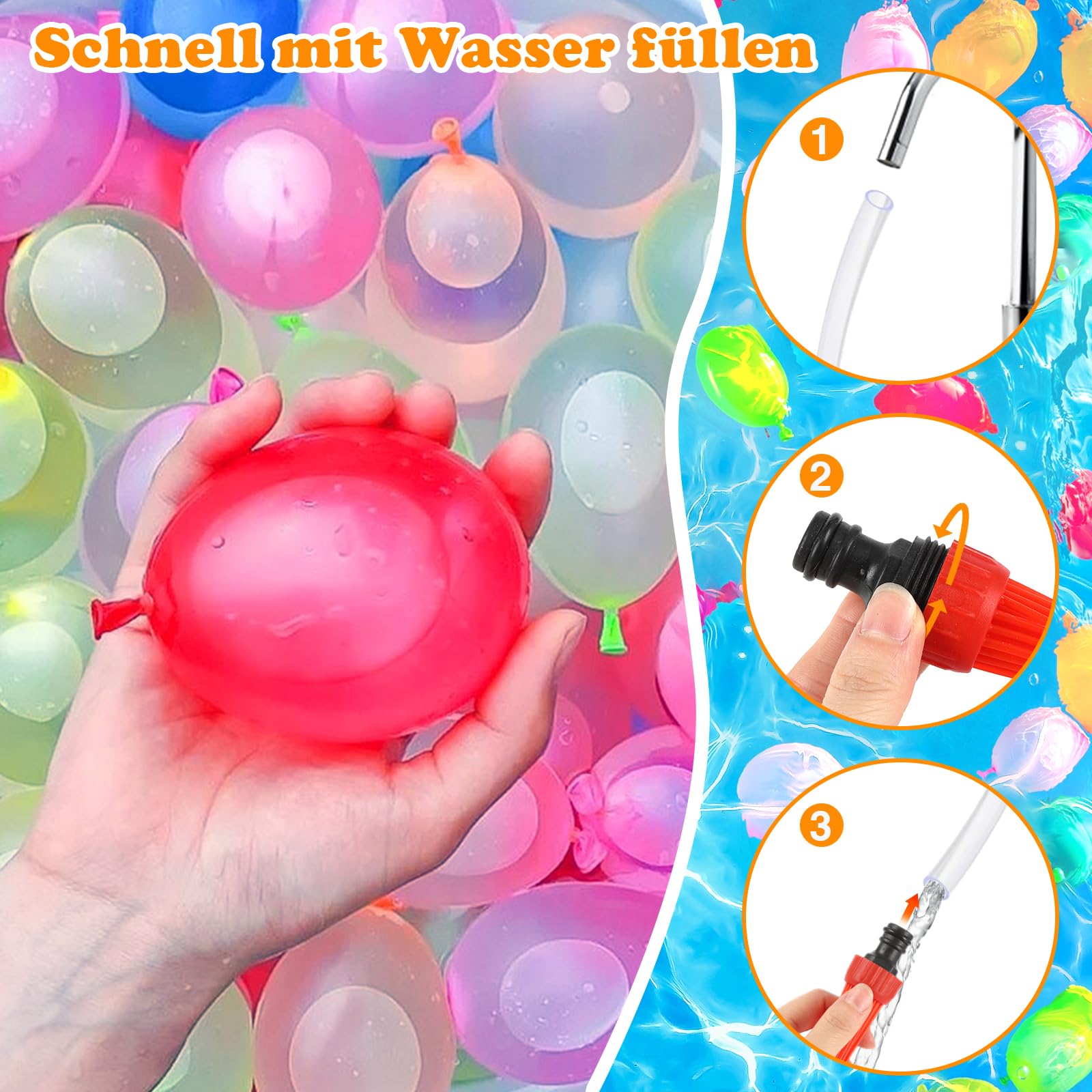 Wasserbomben Selbstschließend – 555 Stück, Bunt, Naturlatex | Schnellbefüllbar Mit Anschluss, Perfekt Für Pool & Strand