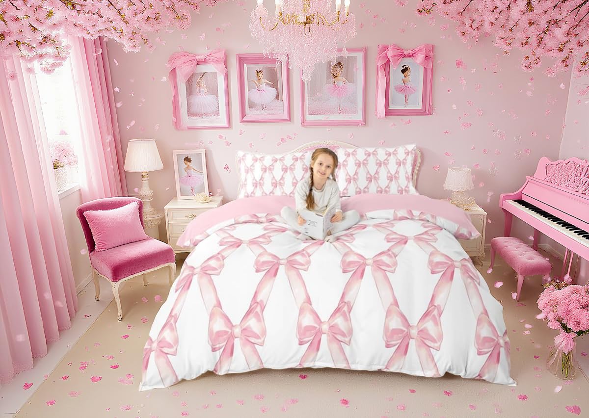 Erosebridal Ribbon Bow Bedding Set for Kids Girls Teen Women,Pink Girly Bowknot Bedding Comforter Sets Queen Cute Fantasy Princess Comforter Set