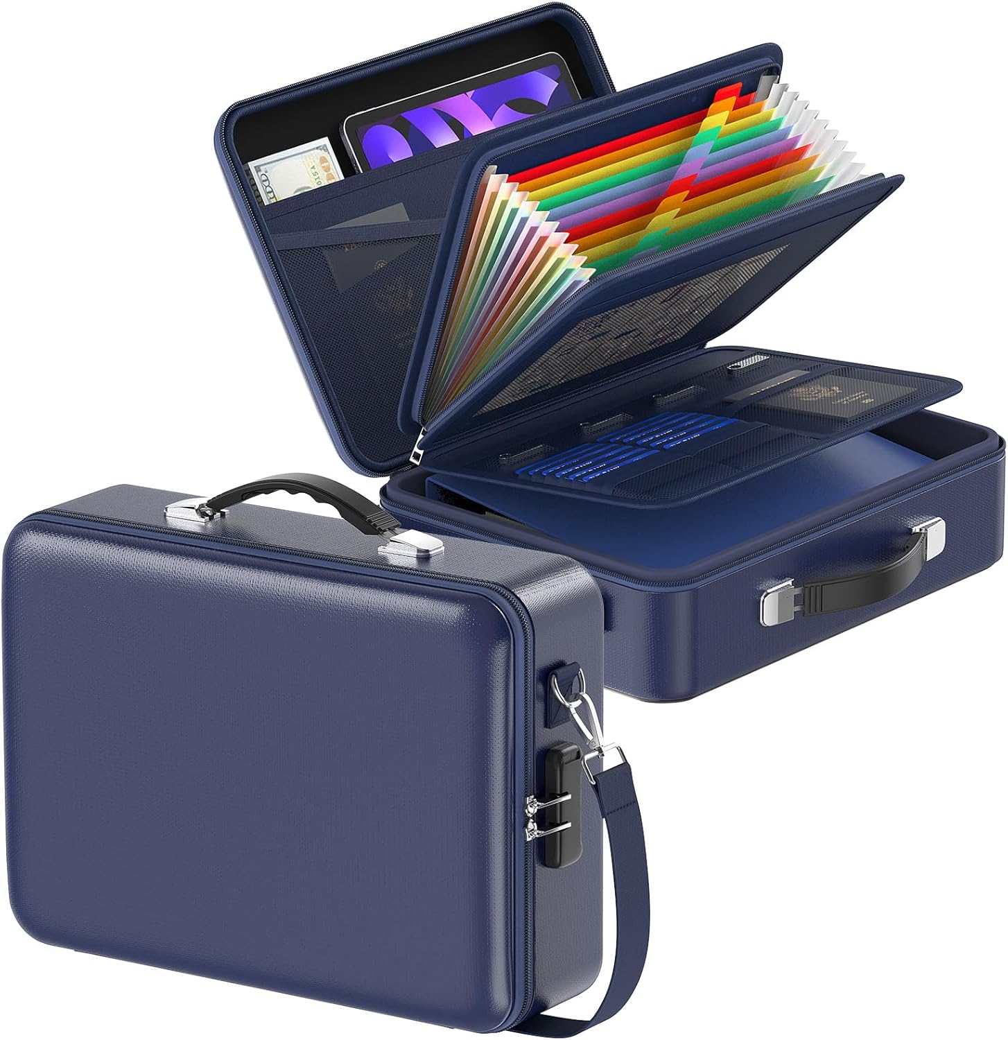 Fireproof Document Box with Lock＆Shoulder Strap, Hard-Shell Case File Organizer with Accordion File Folder, Multi-Layer Portable Home Office (Blue)