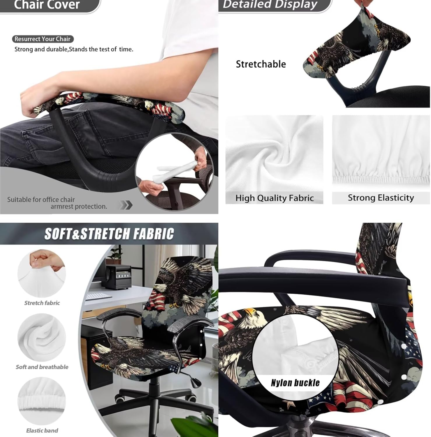 3 Pack Office Chair Cover with Armrest Covers Computer Chair Covers Soft American Eagle Flag Gaming Chair Seat Cover 4th of July Decorations Large