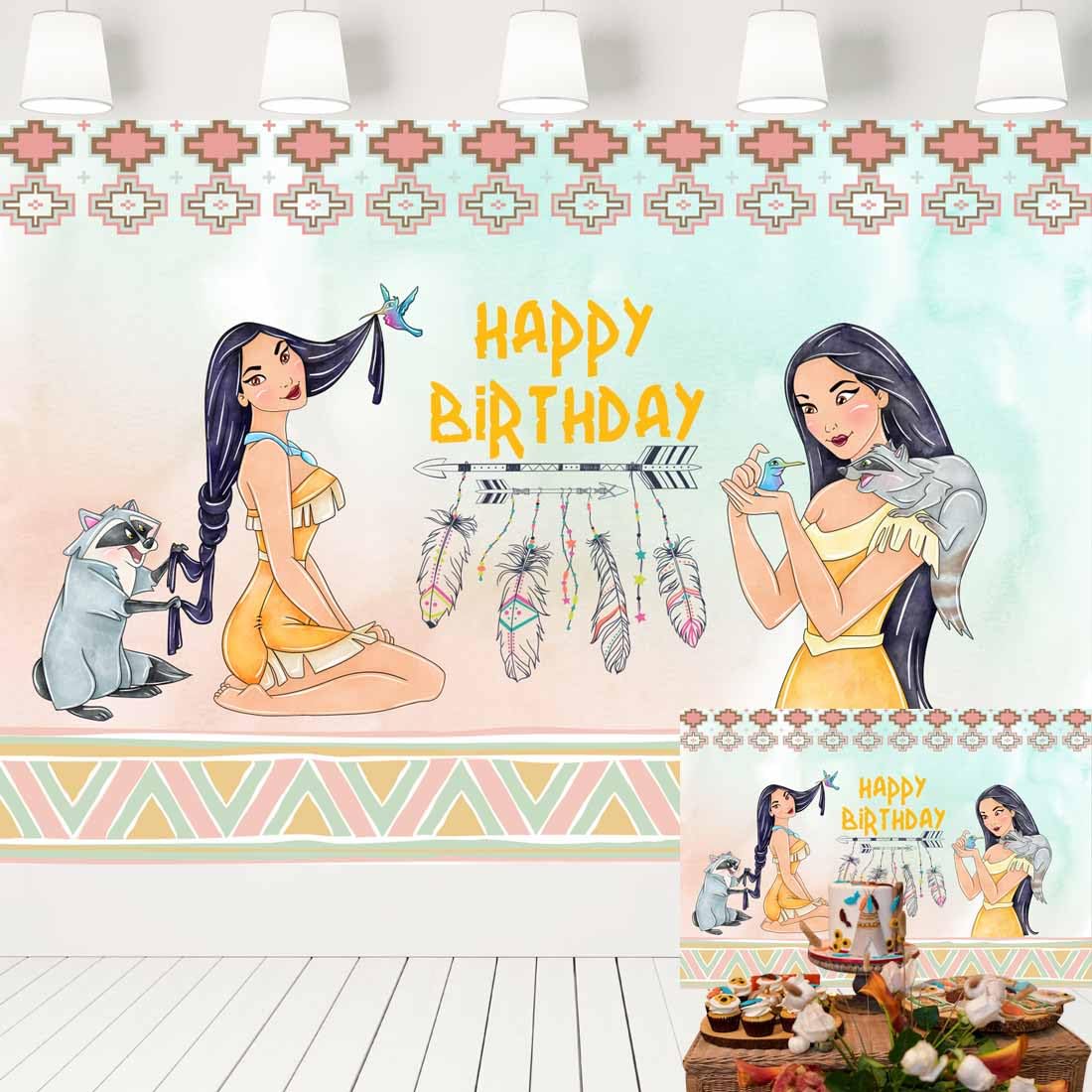 Watercolor Princess Pocahontas Backdrop for Birthday Party Native American Pattern Background Girls Party Supplies 7x5 ft 474