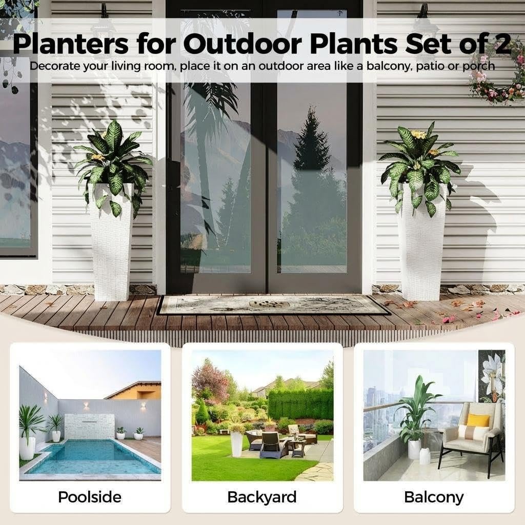Tall Rattan Planter Set of 2, 32 Inch Weather Resistant Large Outdoor Planter Pots with Drainage Holes & Removable Liners, Modern Decor for Patio Porch Backyard Garden Trees Flowers Indoor