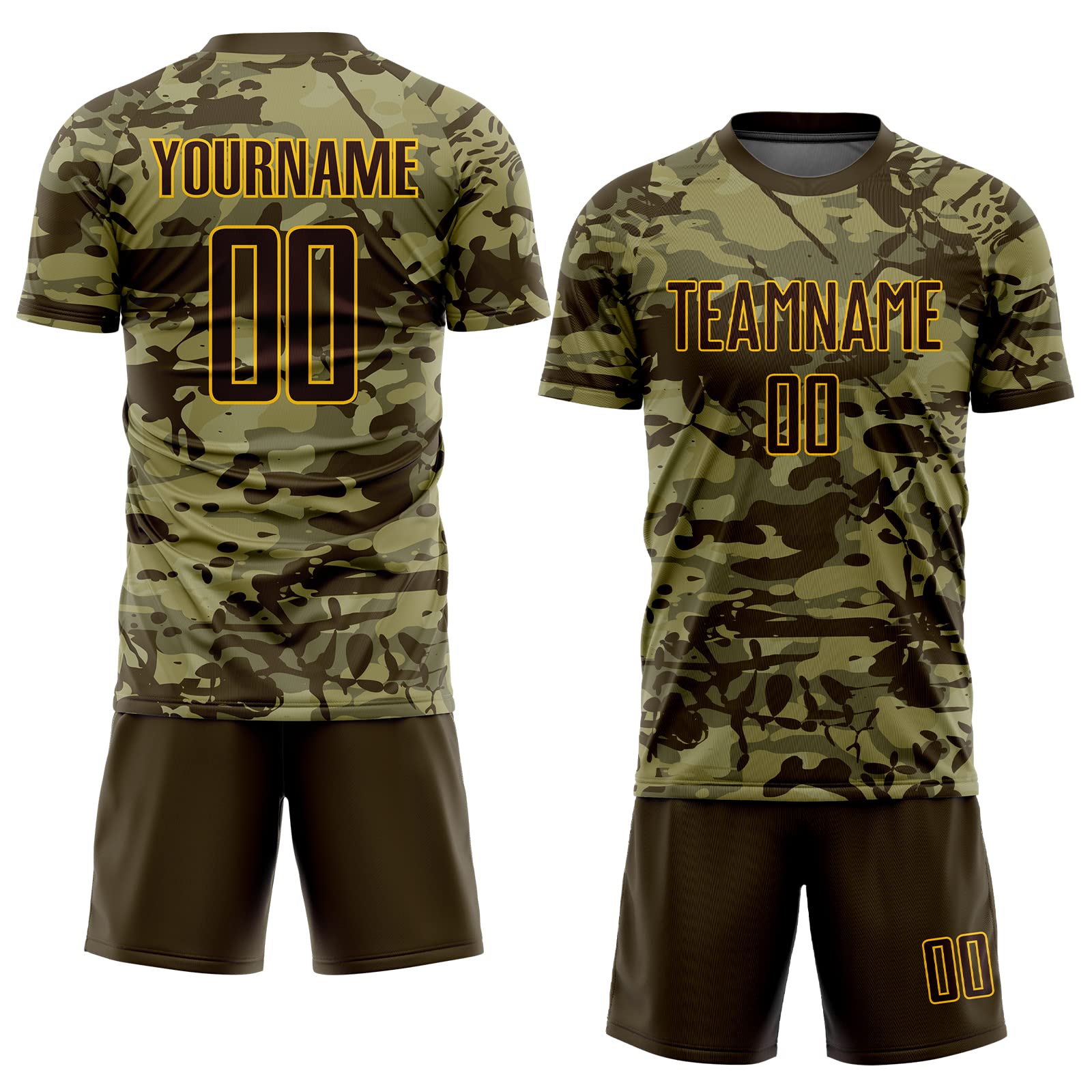 Customized Camouflage Team Soccer Uniform with Printed Name Number Logo, Personalized Cool Camo Tee Shirts Short Sleeve Sports Fan Jerseys, Novelty Mens Womens Boys Teens Football Practice Shirt