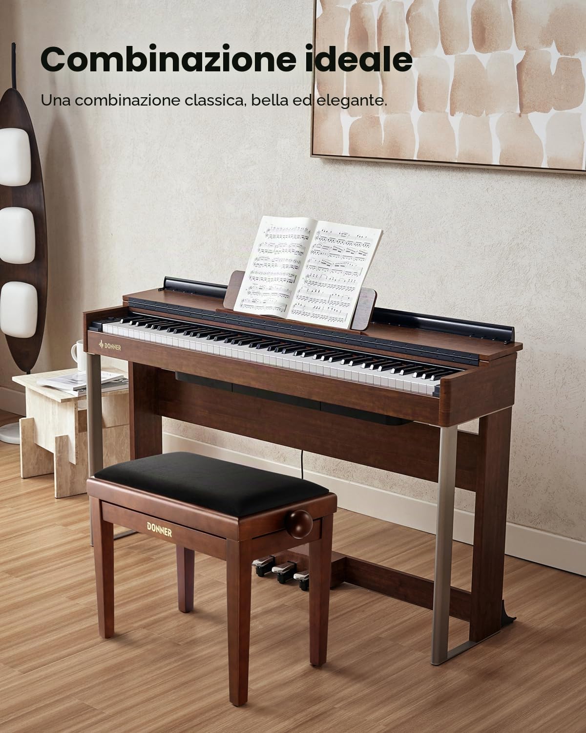 Donner Sgabello per pianoforte regolabile, Panca per tastiera in legno massello con cuscino in spugna ad alta densità, Marrone-Opaco