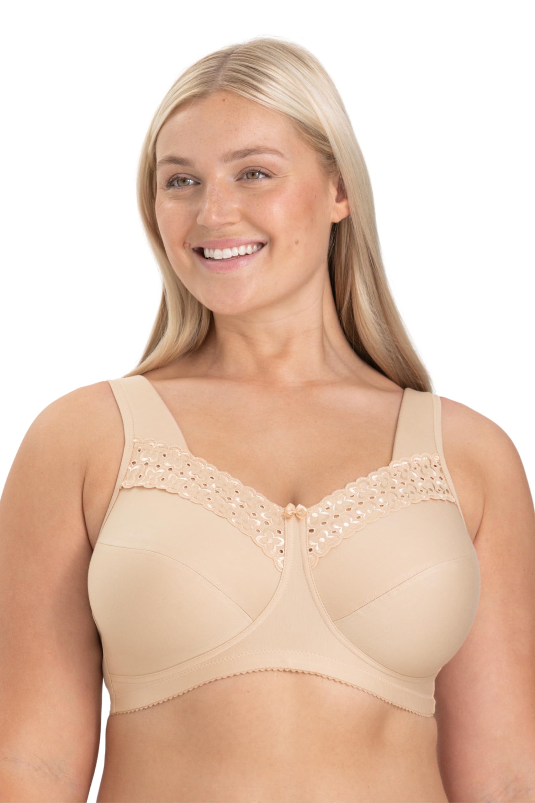 Miss Mary of Sweden Broderie Anglaise Non-Wired Bra for Women — Cotton Full Coverage Bra with Embroidery, Padded Straps, Up to I Cup, Plus Size Beige