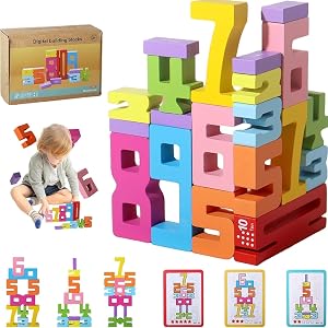 20/40Pcs Wooden Building Blocks, Wooden Number Blocks with Instruction Card, Wood Numberblocks for Learning Games，for 3+ Years Old Kids 1-10 Number Game (1Set / 20Pcs)