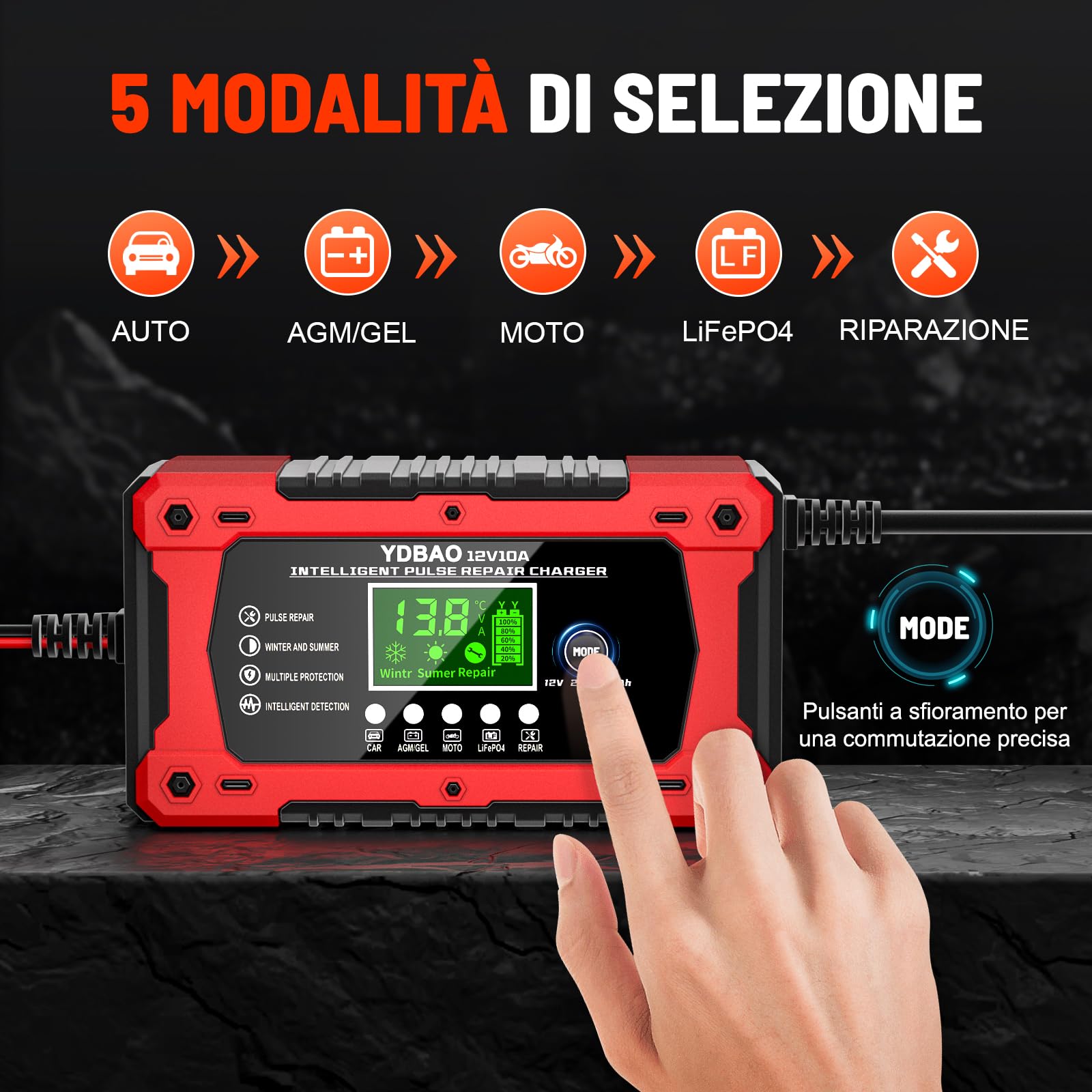 YDBAO Caricabatterie Auto 10A 12V Multi Protezioni Carica Batteria per Auto Intelligente Mantenitore di Carica Auto Moto con Schermo LCD per Moto, Barche, Auto, Batteria AGM, LiFePO4