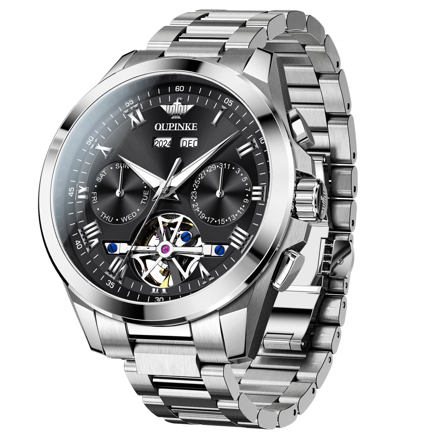 OUPINKE Watch for Men Automatic Wristwatch 3D Dial with 5ATM Waterproof Luminous Calendar Skeleton Watches-Sapphire Crystal Tungsten Steel Strap