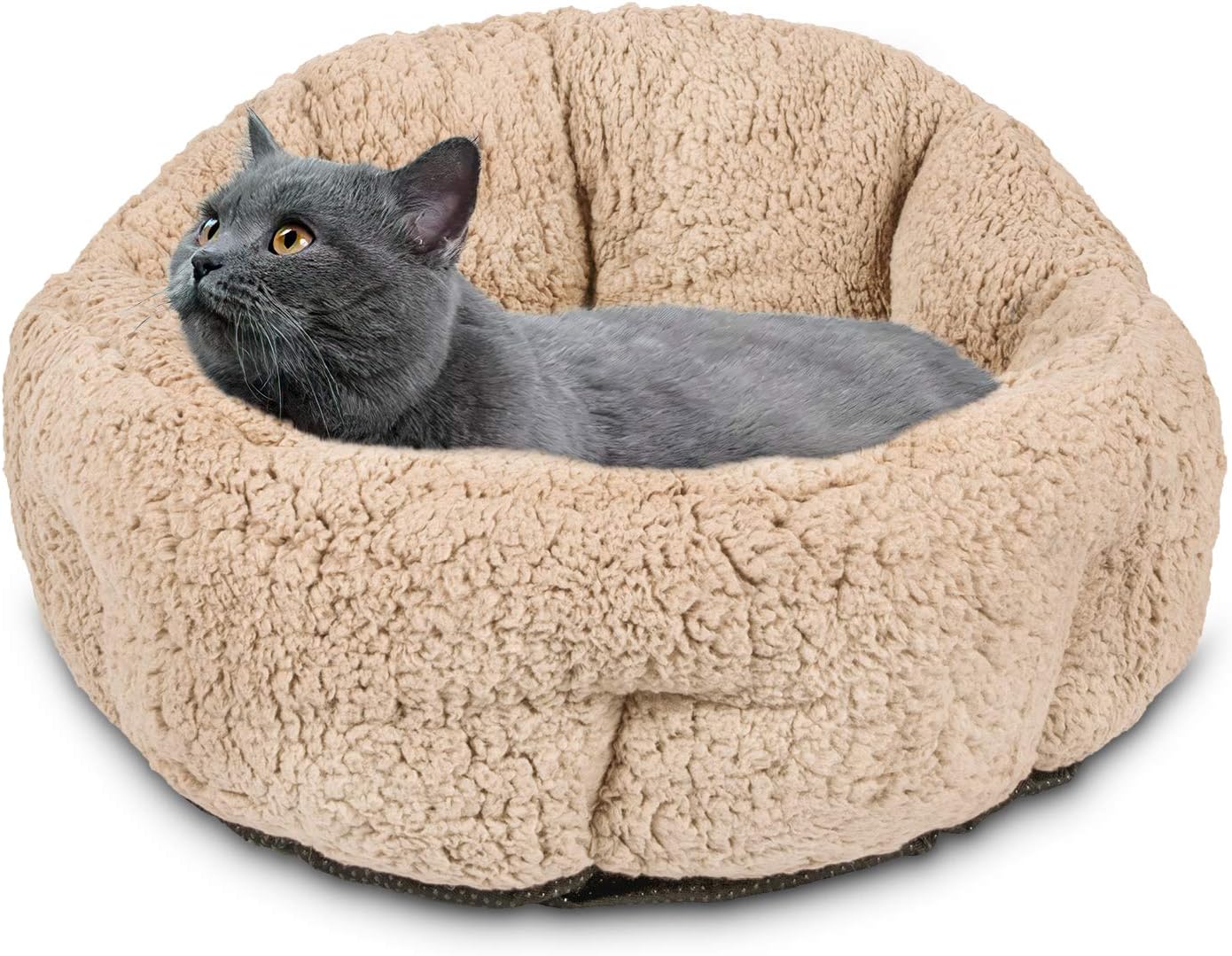 FURTIME Small Dog Bed & Cat Bed, Round Cat Beds for Indoor Cats, Ultra Soft Washable Plush Calming Dog Bed, Self Warming Kitten Puppy Bed with Anti-Slip Bottom High Walls Design (Standard(20"), Beige)