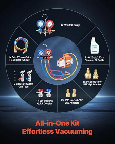 Miniatura 4 de VEVOR Bomba de vacío y juego de manómetros AC, 4.5 CFM 1/3 HP, bomba de vacío HVAC de paletas rotativas de una sola etapa, juego de manómetros